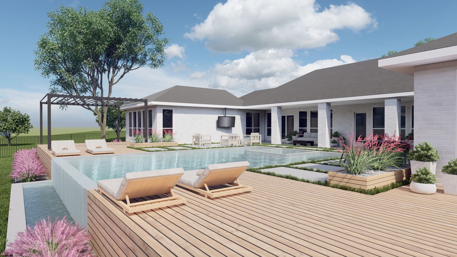 a wood deck with an infinity pool and built in planters around it with colorful flowers. A pergola is overhead an entertaining area with an outdoor tv. 