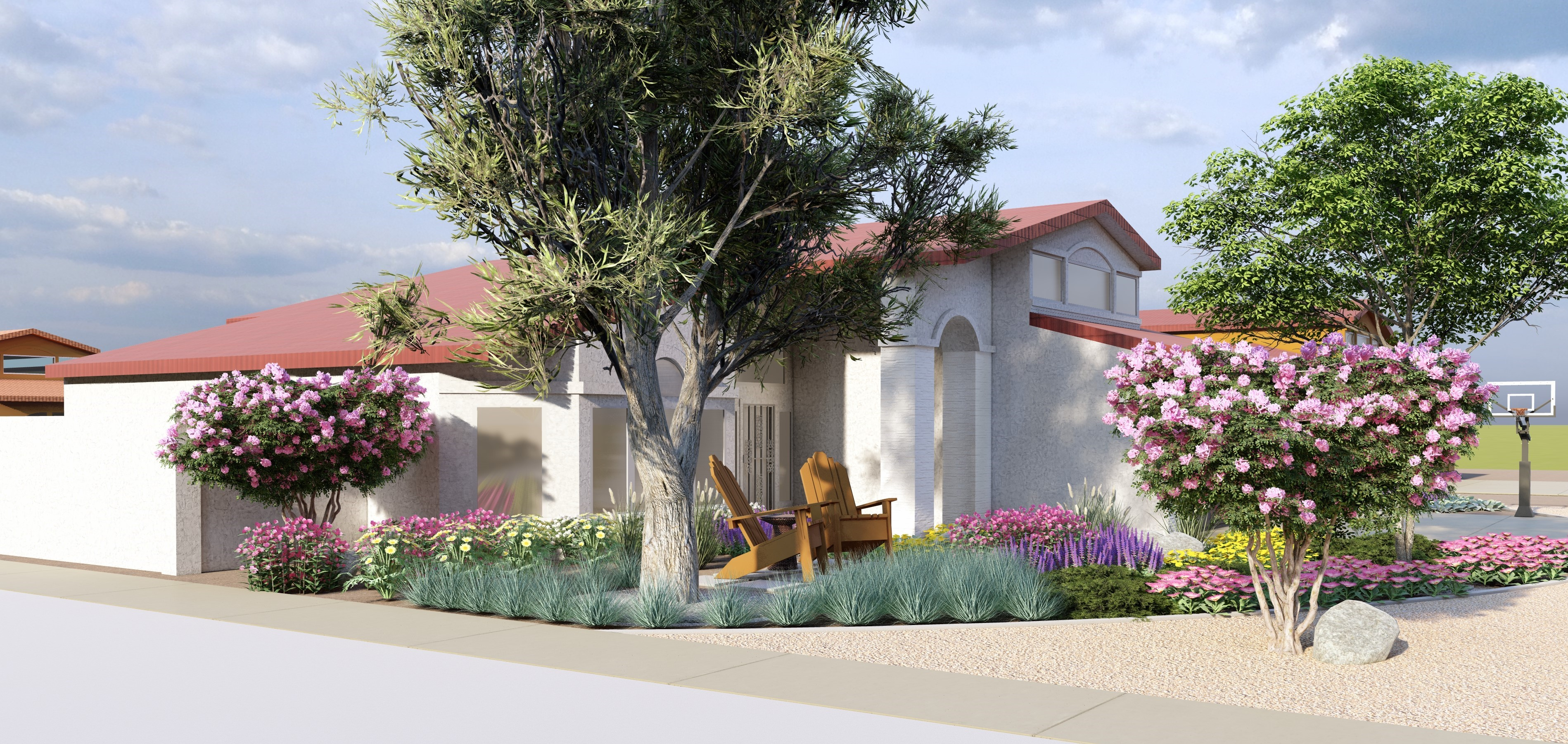 This garden features drought tolerant trees around colorful plants and flowers