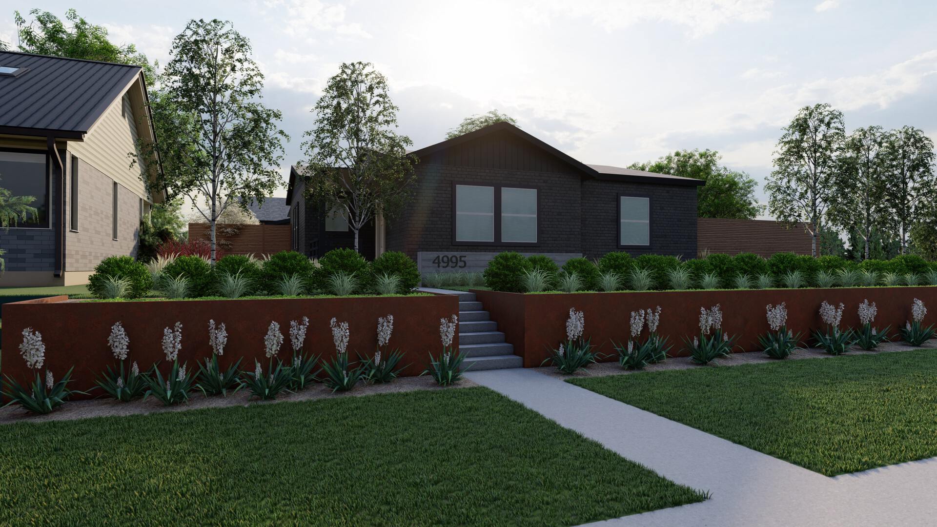 curb appeal front yard landscaping ideas in denver with a retaining wall to level out two grassy areas and shrubs and grasses for a naturalistic look for a ranch home.