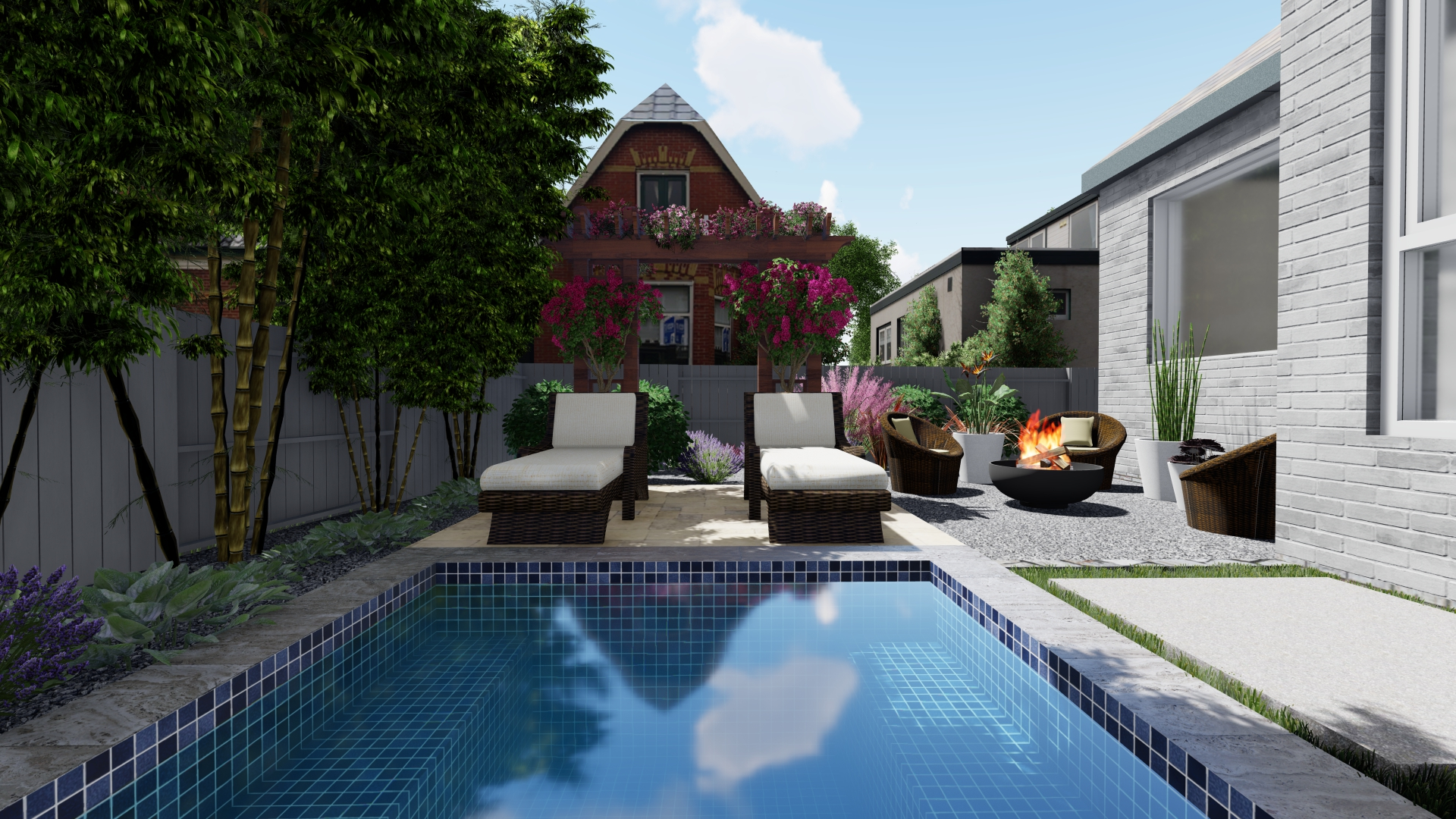 A small swimming pool with patio furniture next to it