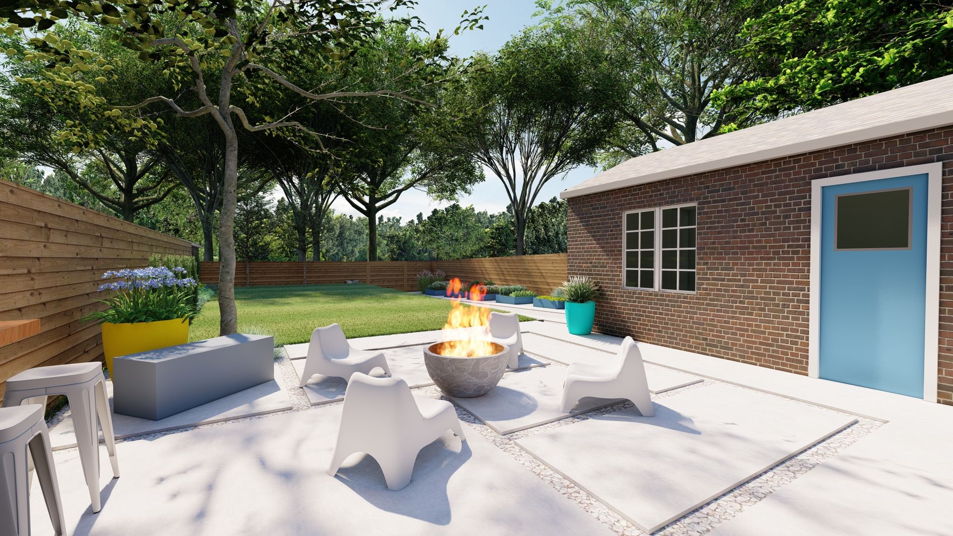 small backyard landscaping ideas in Denver with a large paver patio and fire pit area 