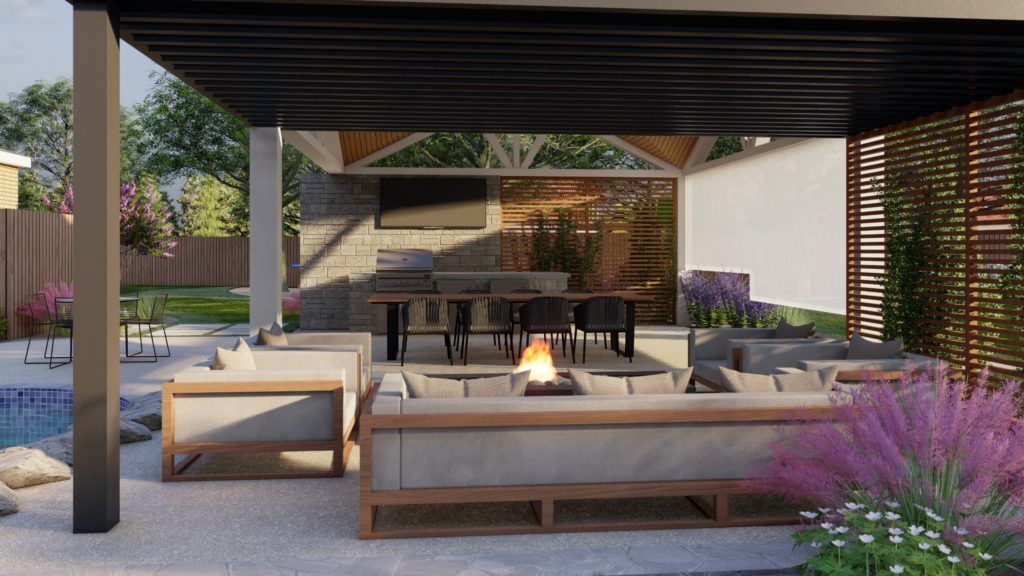 backyard with a pergola and outdoor tv 