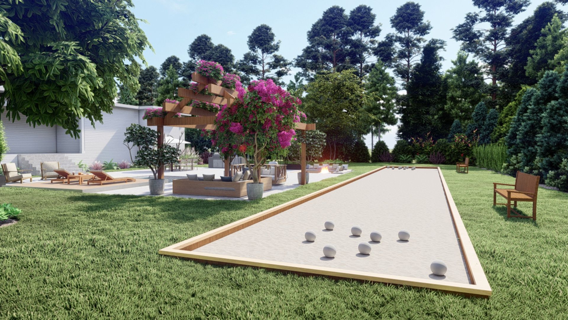 a bocce court in a large backyard with a trellis covered in bougainvillea next to a pool, plunge pool 
