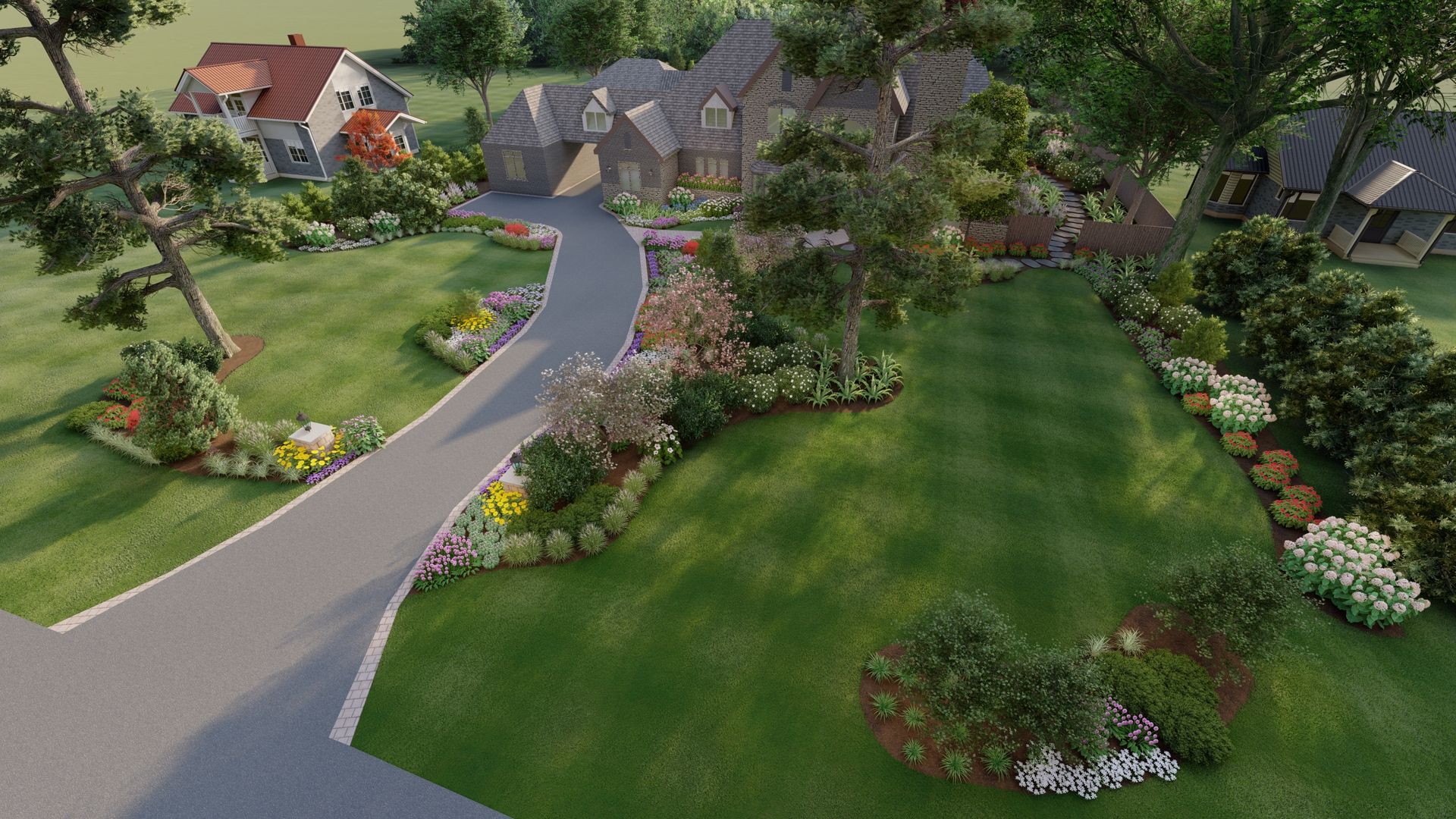 front yard landscaping ideas with a long driveway surrounded by flowers, shrubs and trees