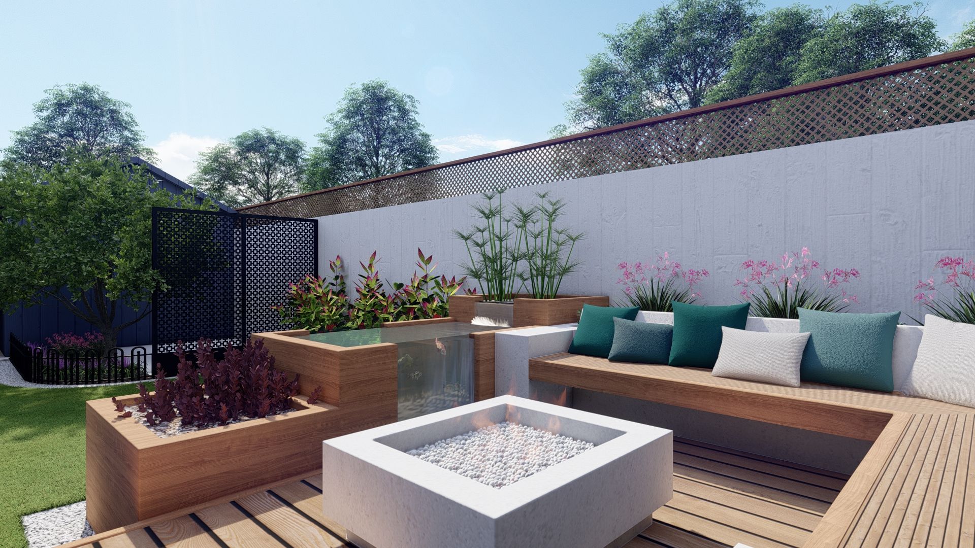 seating on a deck with potted plants and an outdoor fish tank as a center focal point