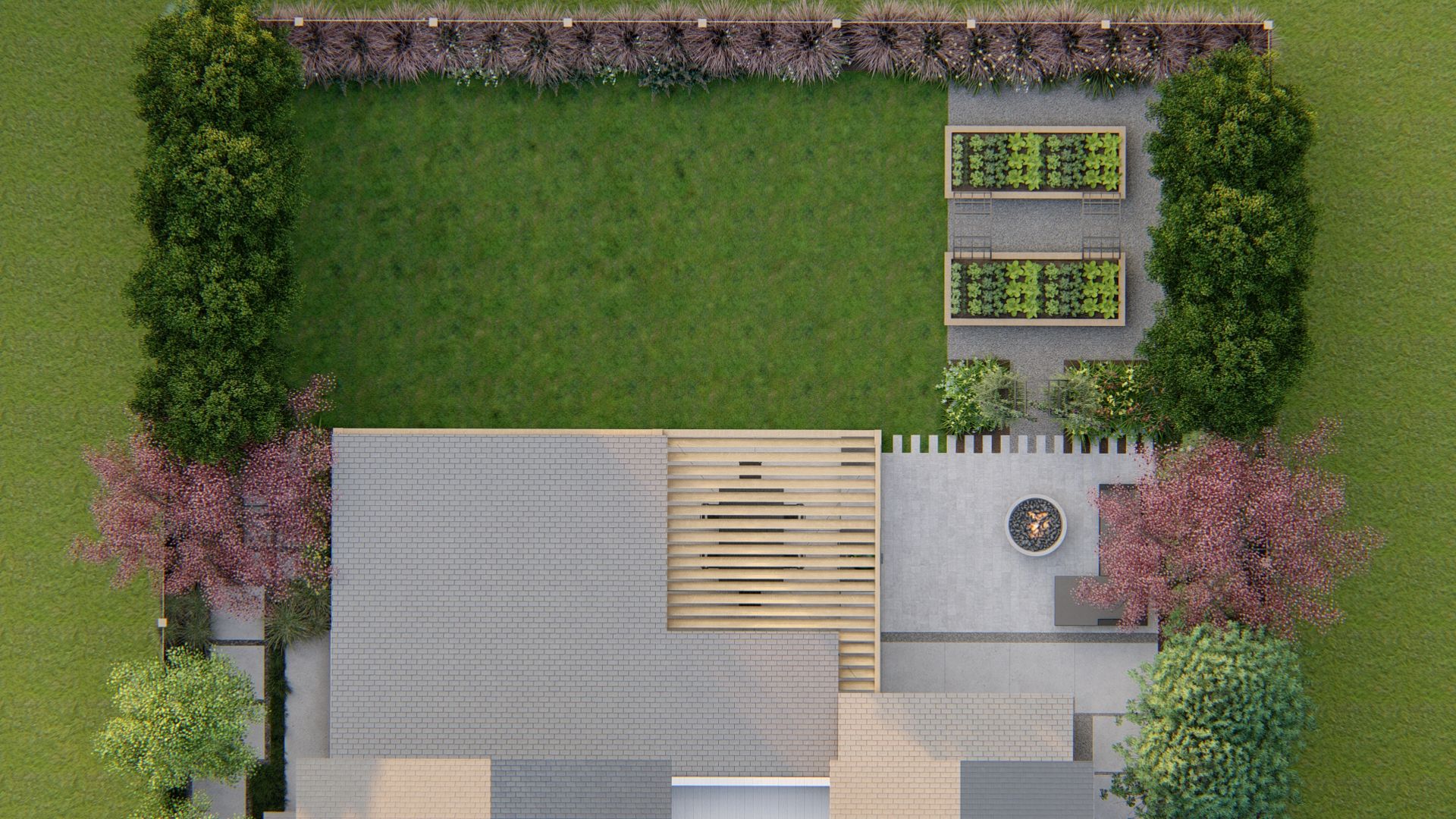 an aerial look of the layout of a backyard with a herb garden with fresh herbs and other plants