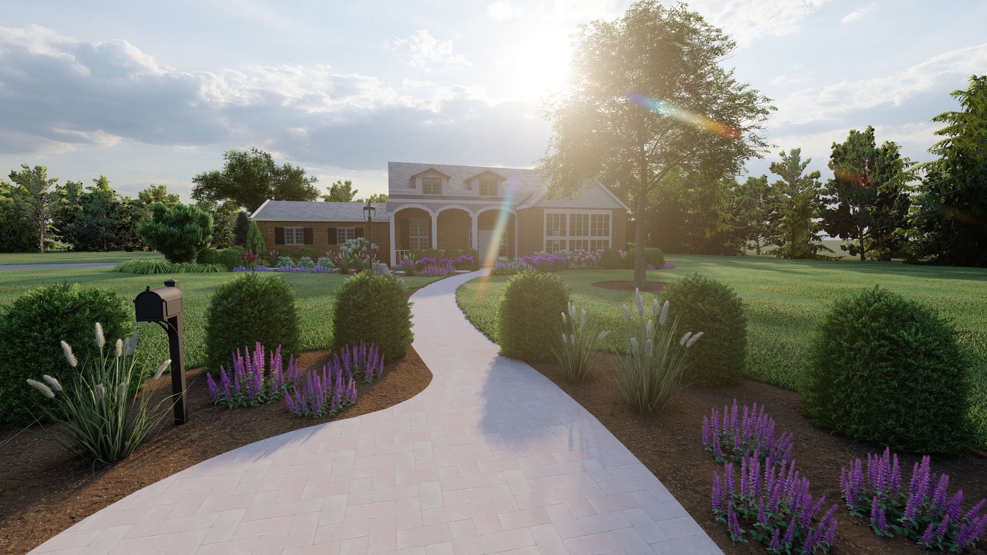 farmhouse front yard landscaping ideas with a long pathway to the front door