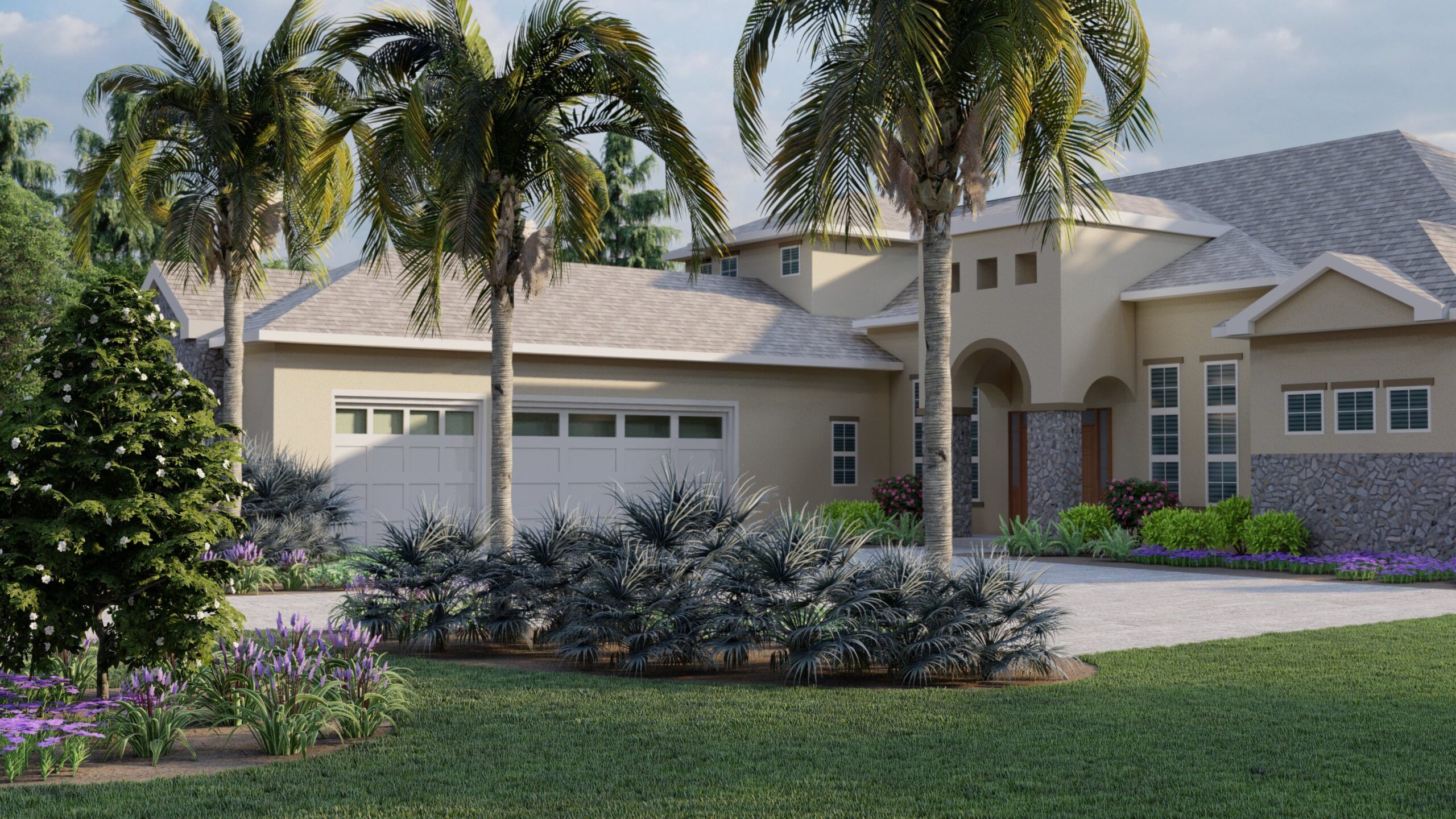 south florida front yard landscaping with large driveway, artificial grass, elephant plant, and drought tolerant plants