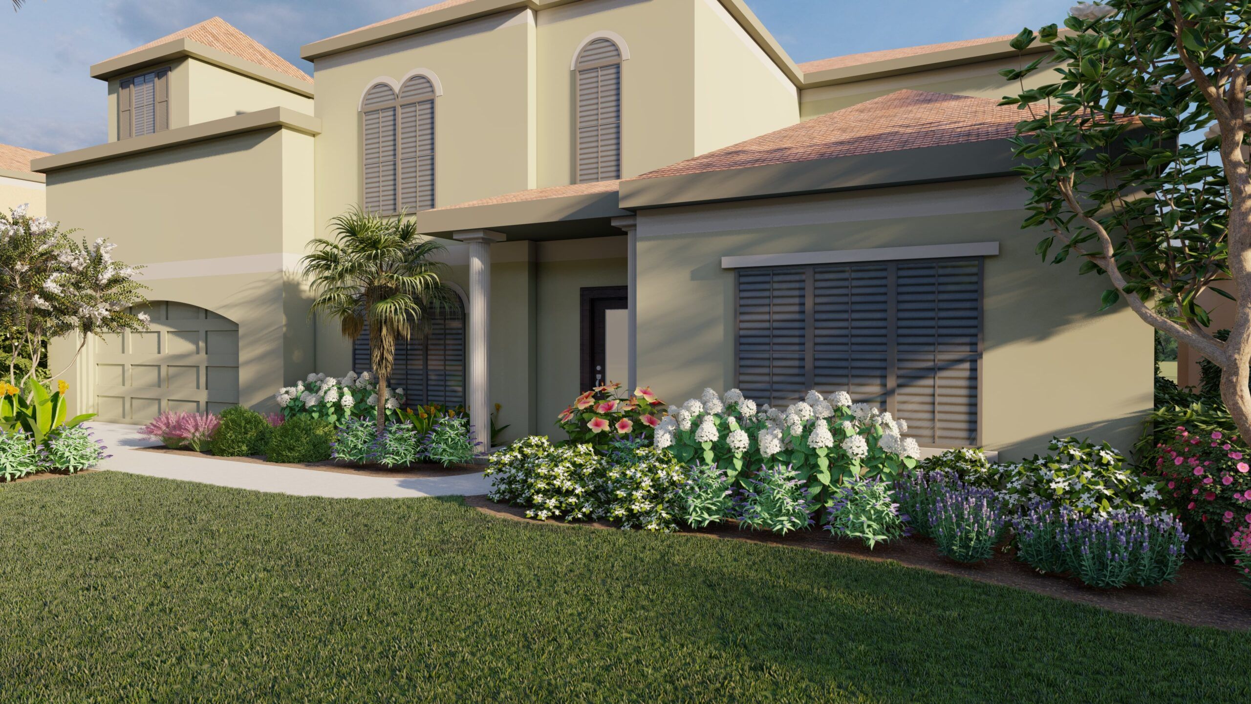 A florida front yard landscaping plan with plants and flowers in a small front yard