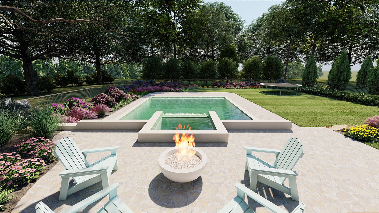 a plunge pool with a hot tub next to a fire pit with Adirondack chairs in a large Atlanta backyard 