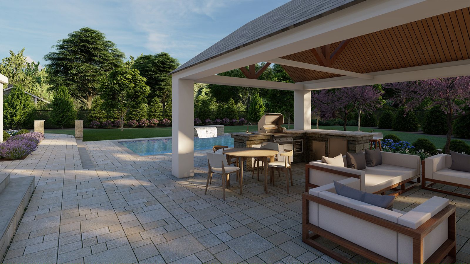 a stone patio with a pavilion and an outdoor fire place area and pool