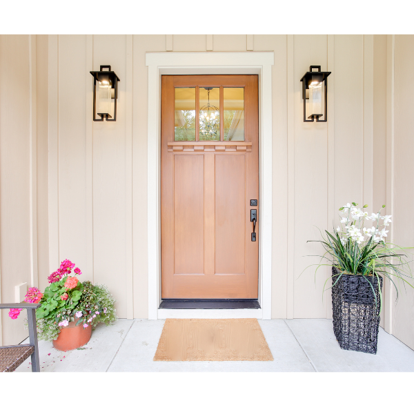 cheap simple front yard landscaping ideas, a light pink front door 