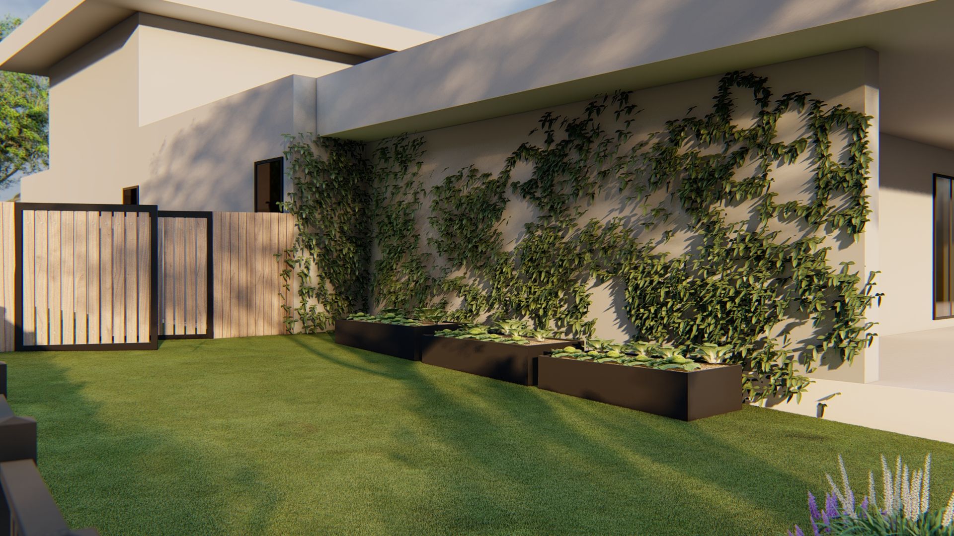 an herb garden in a side yard next to a sunny windowsill