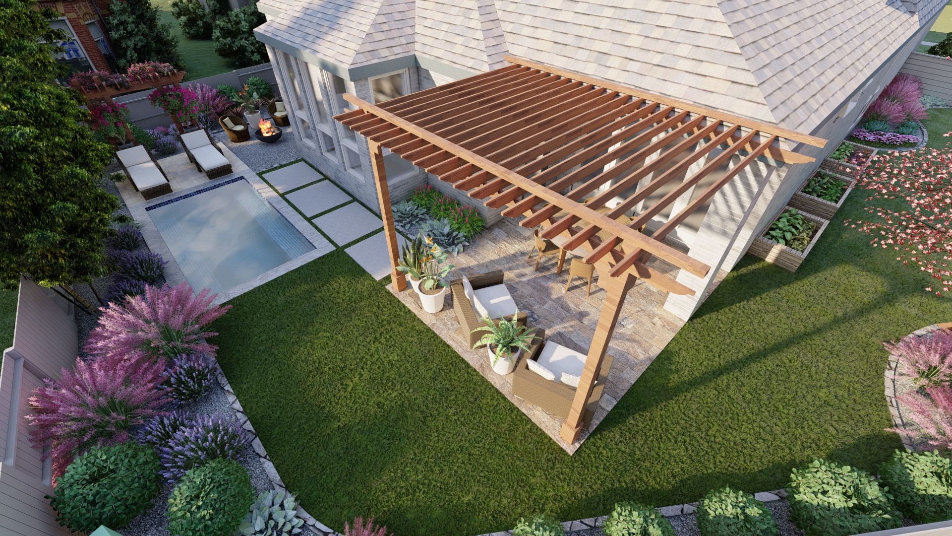 an arial view of a wooden pergola over a patio area with planters and pavers leading to a pool. 