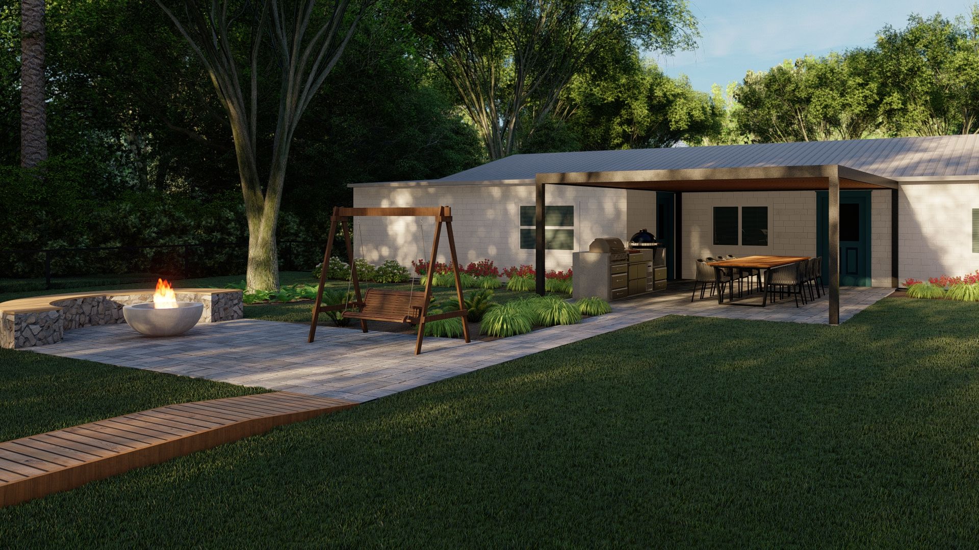 a florida home and backyard landscape with a fire pit in central Florida and Chinese fringe flower