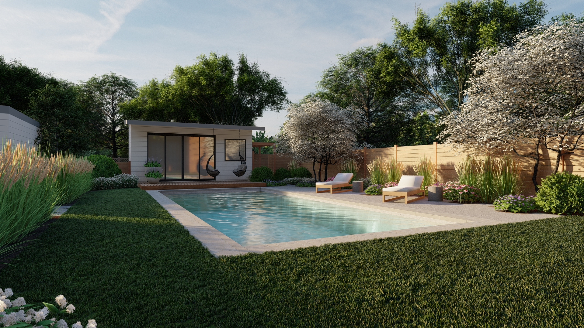 Backyard landscaping ideas include adding a ADU like this one alongside a pool