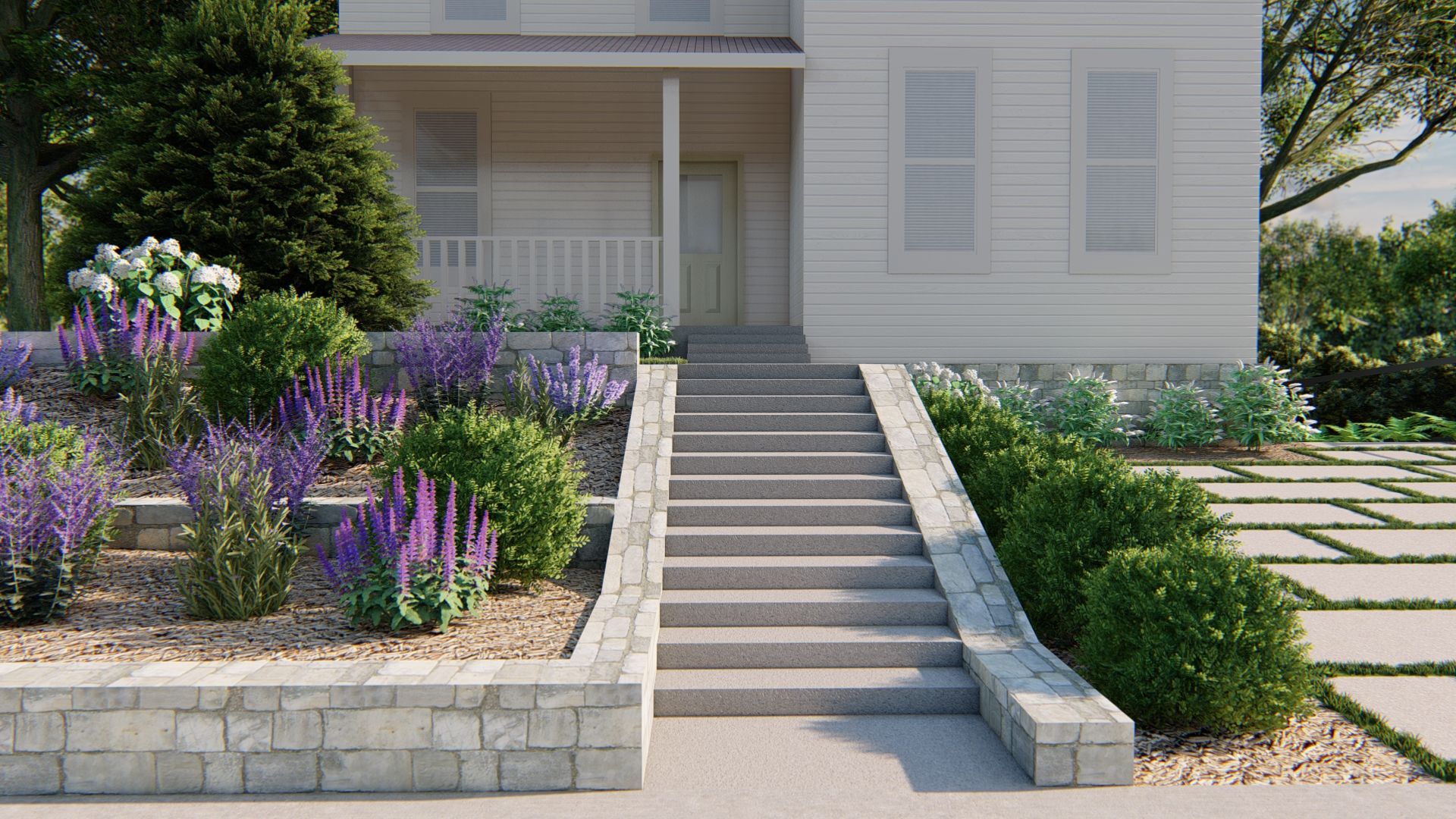front yard landscaping ideas, a concrete walkway surrounded by flower beds with perennials and annuals 