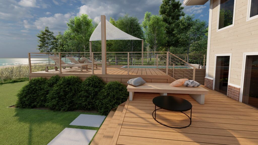 backyard landscaping design ideas for an above ground pool with flower beds, shrubs, a shade sail and seating area