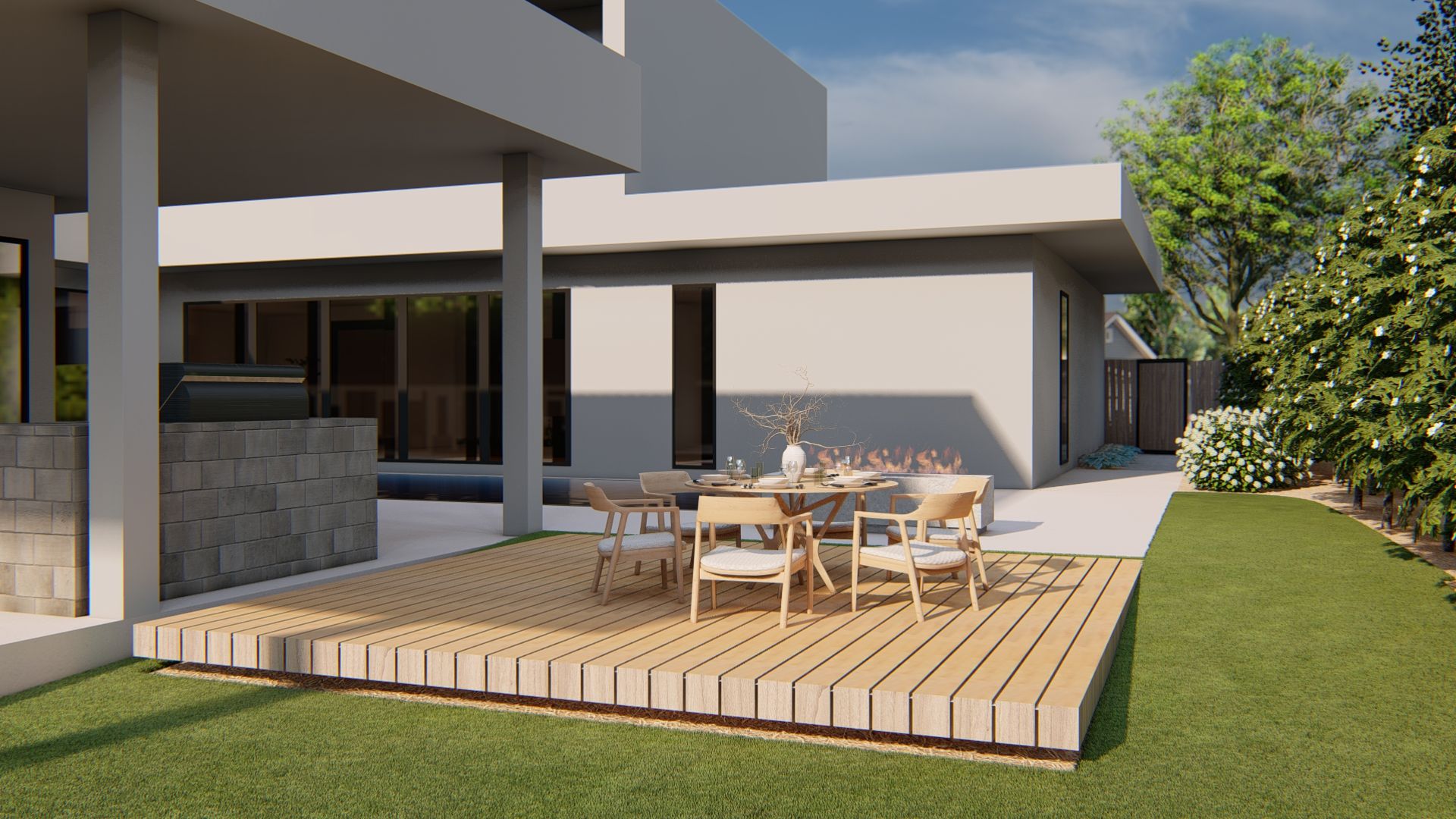 a deck patio with a wooden decks off a concrete patio