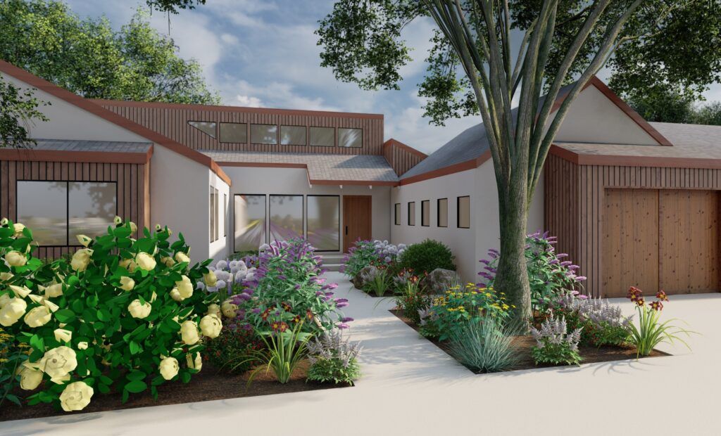 contemporary front yard landscape design with native plants for this home with unique architecture.