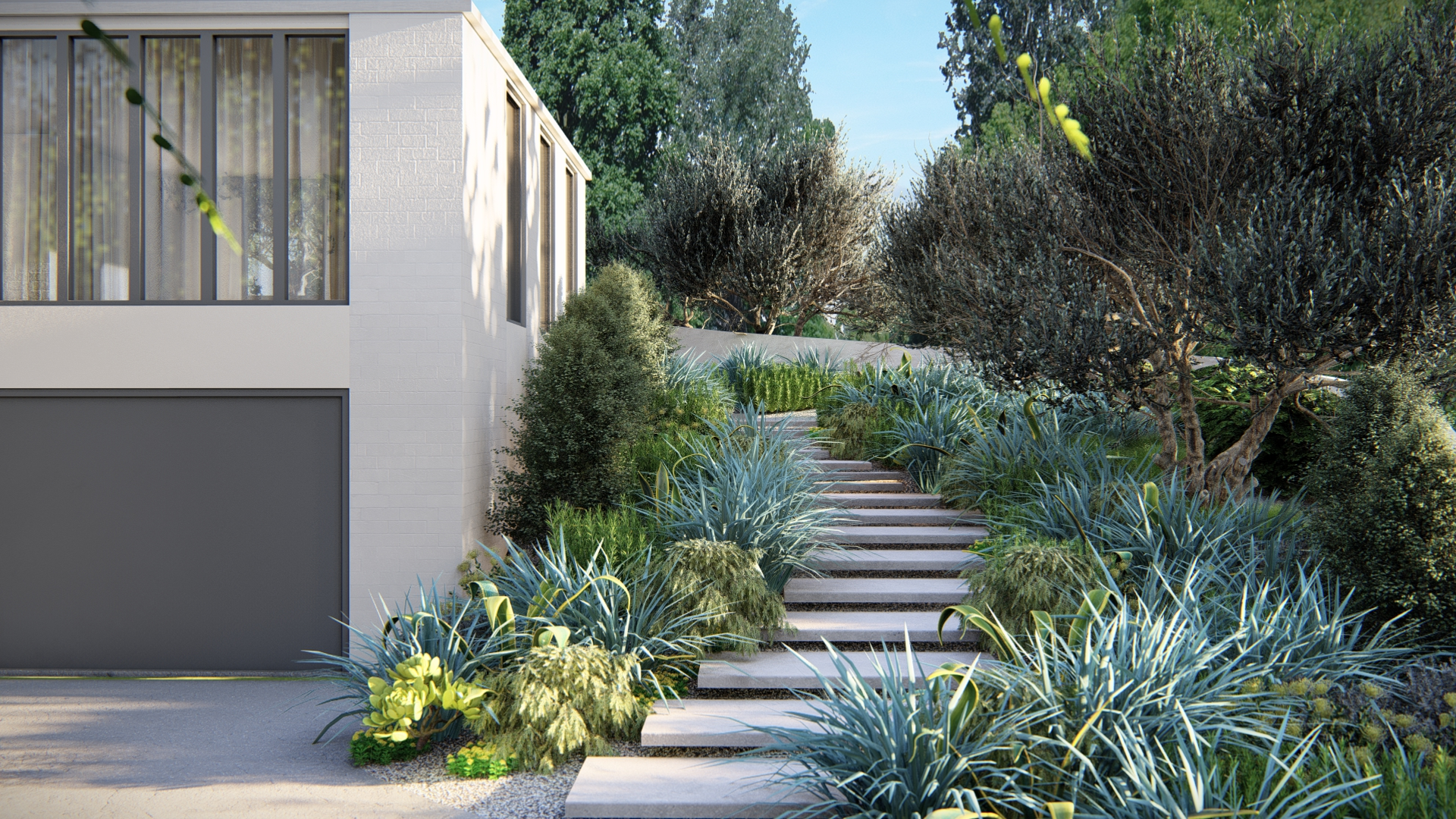 Gorgeous concrete steps with lush plantings of succulents and grasses surrounding