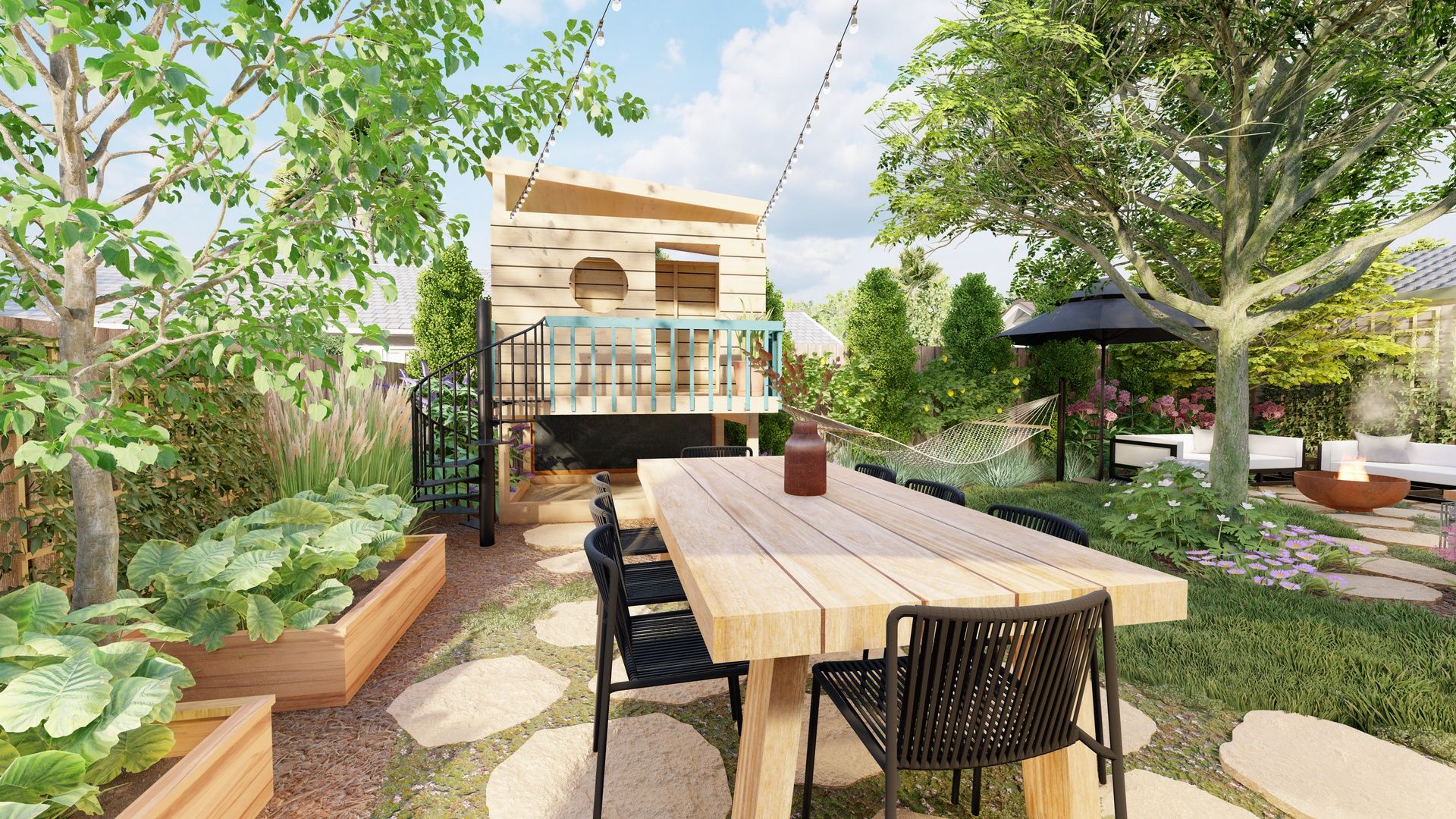 a play house for kids next to a vegetable garden, dining area and fire pit nook in a small backyard landscape design
