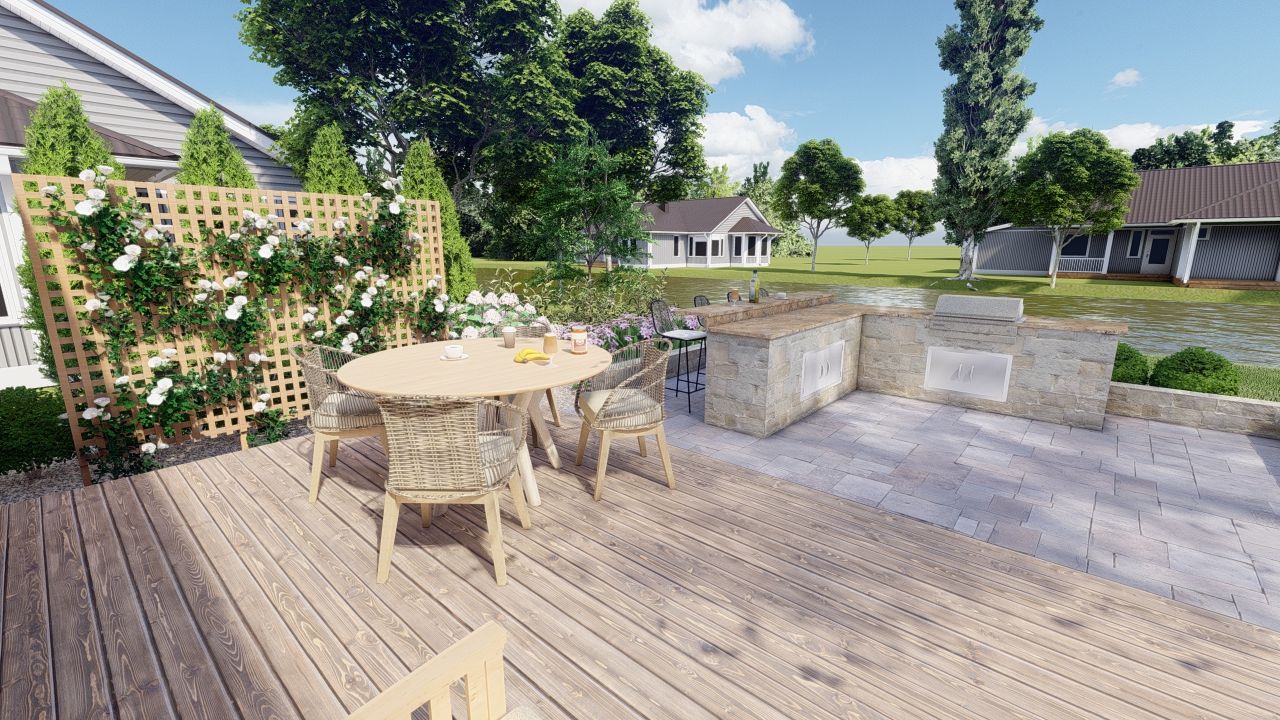 An outdoor patio bar next to a wood deck with multiple areas for seating and a dining table 