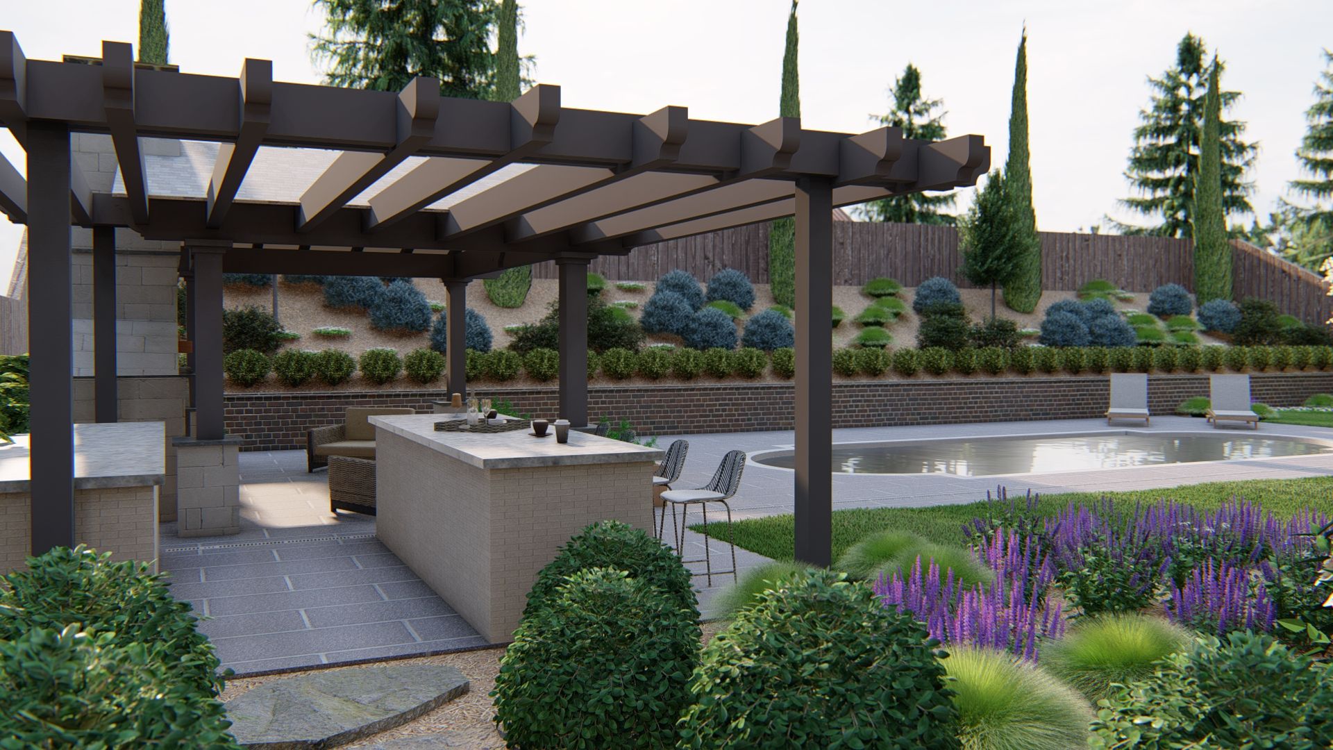 outdoor kitchen ideas in an outdoor space with a pool with a wood pergola