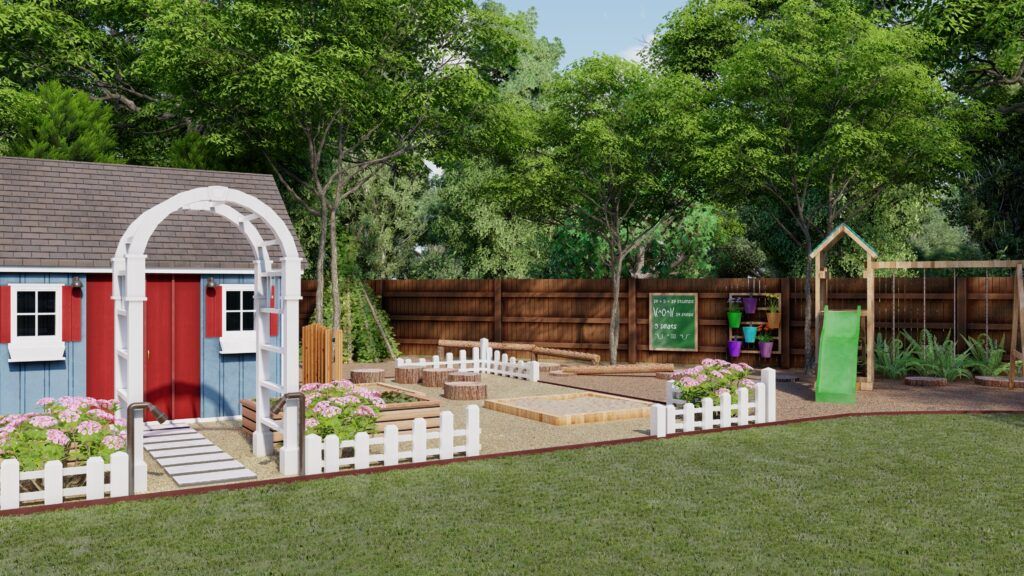 a large backyard design with a shed, natural play area and chalkboard, awesome backyards for kids