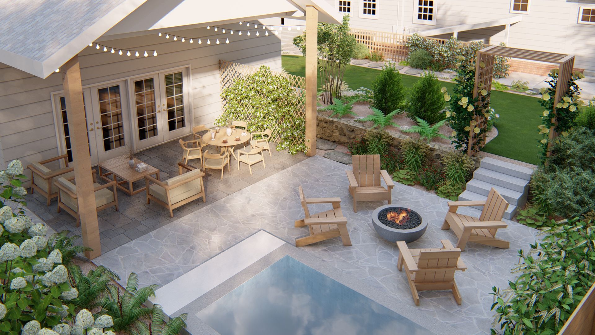 a cold plunge pool with a fire pit and lounge area nearby. A trellis with flowering vines is a beautiful entry to the pool deck area. 