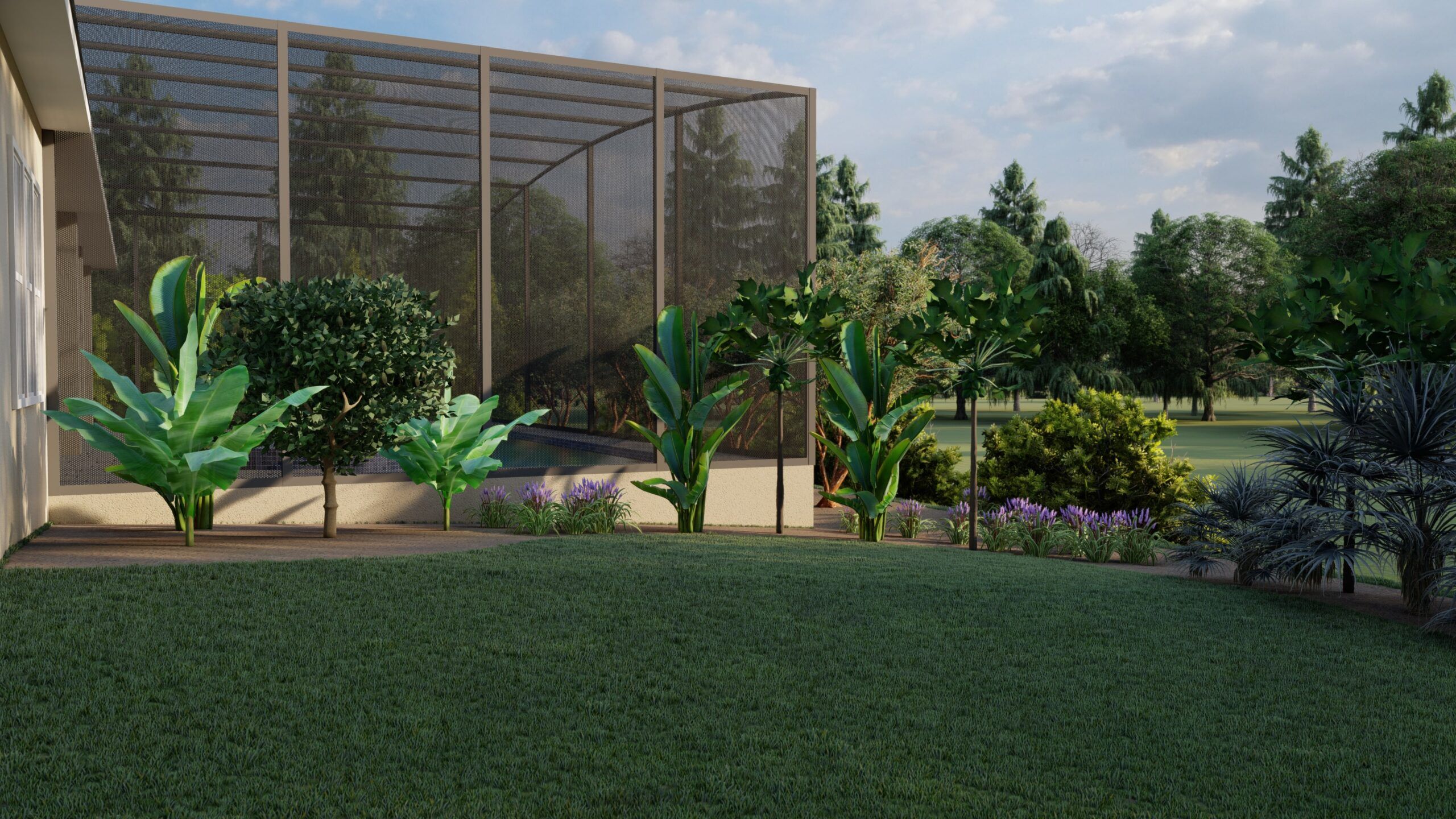 yard landscaping design with a flower bed around a pool area