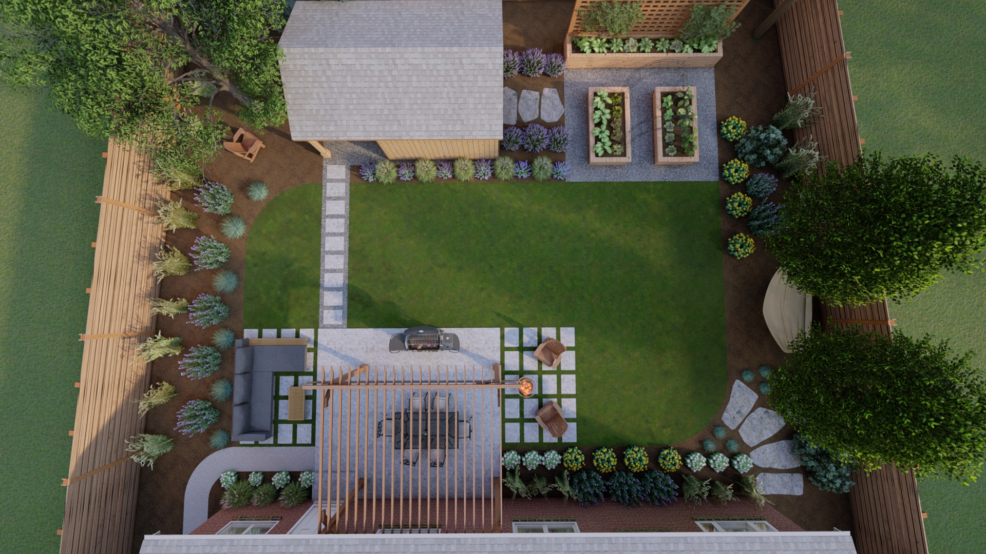 Aerial look at a backyard with many features including multiple garden areas