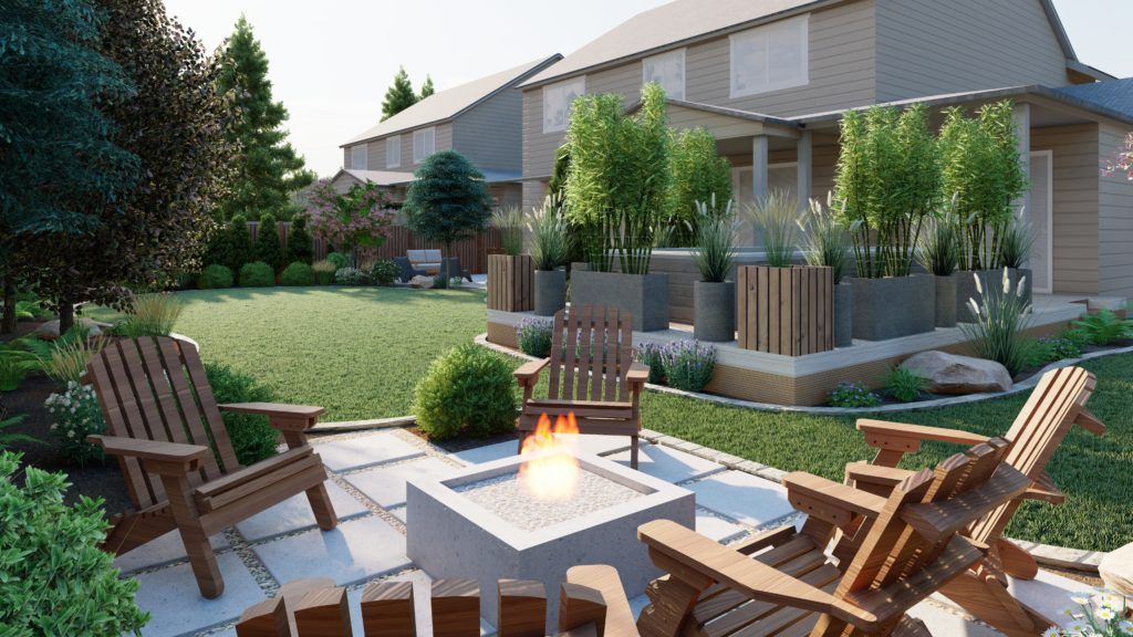 pavers set over gravel with a fire pit area and adirondeck chairs 