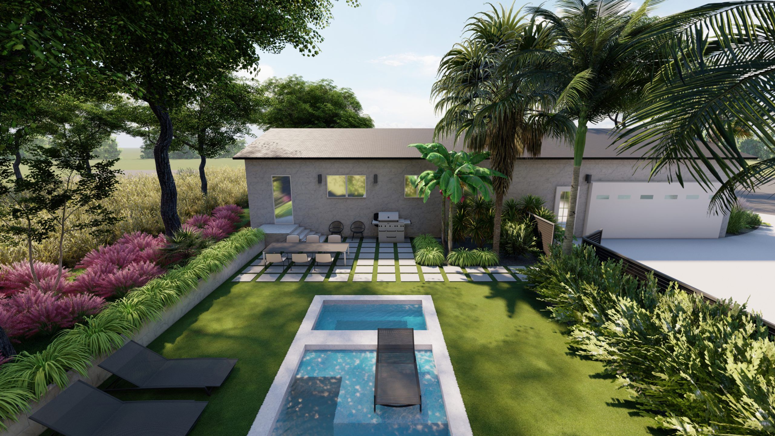 backyard pool with tropical landscape