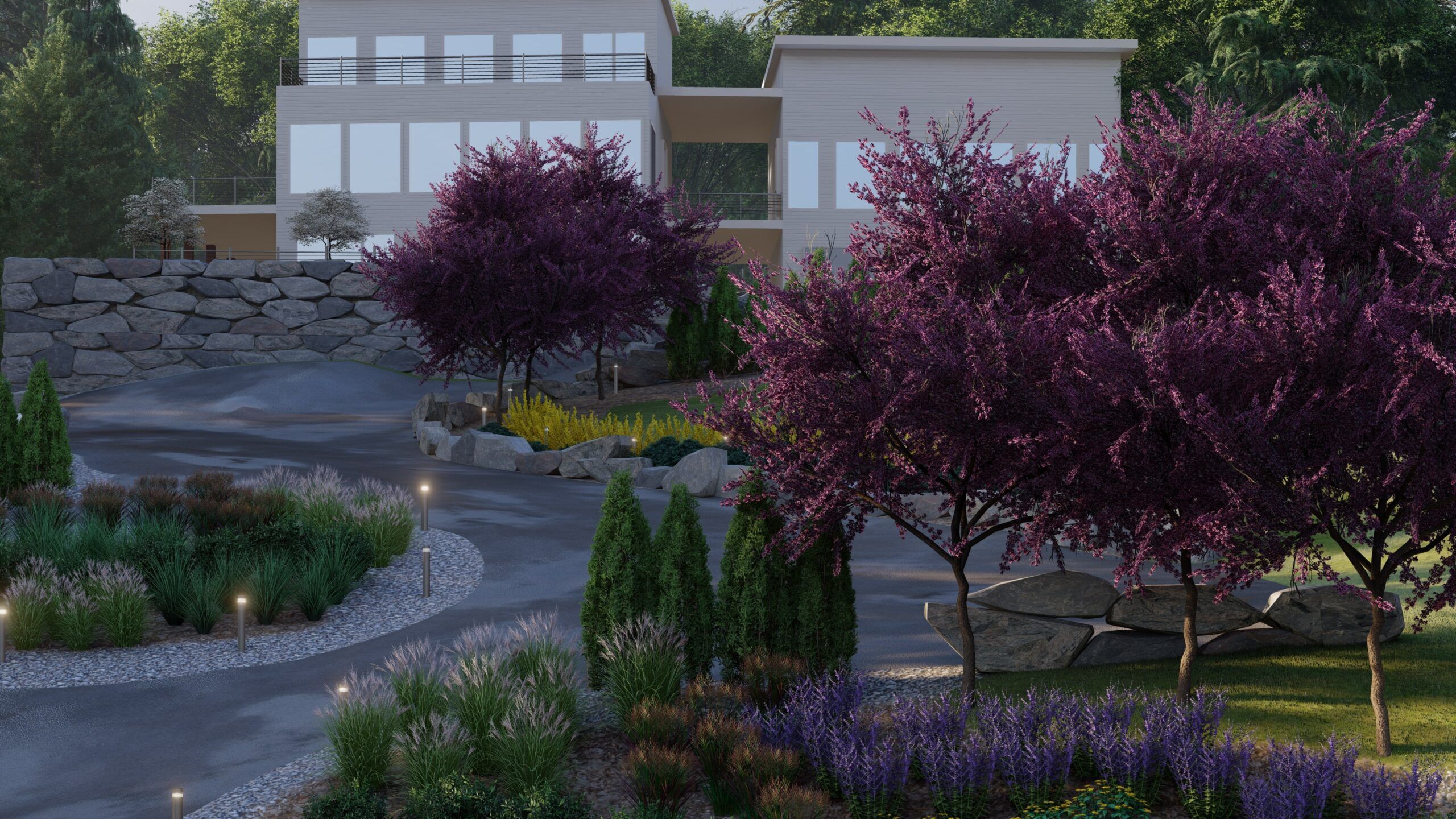 Flowering trees in a front yard to add privacy. Yards may require tree trimming services for upkeep