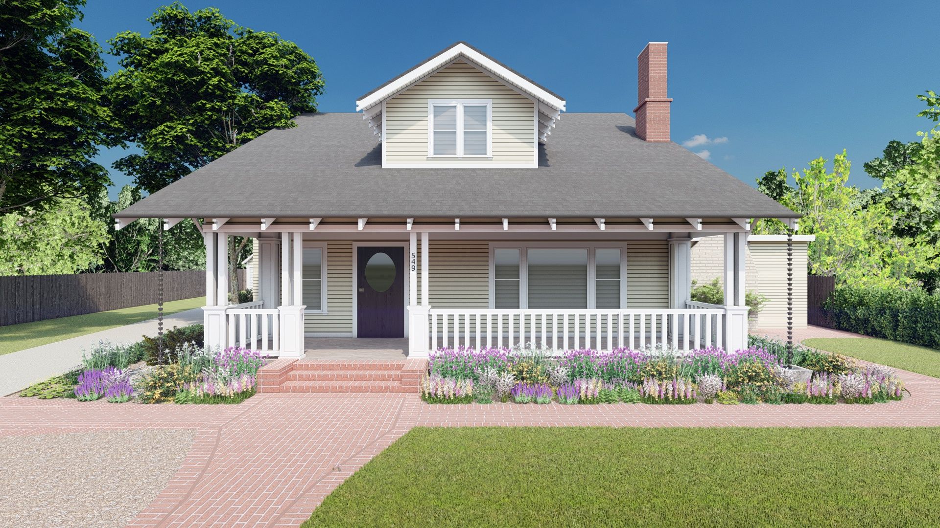 a charming front yard with classic landscaping around a front porch. a brick front walkway next to a driveway