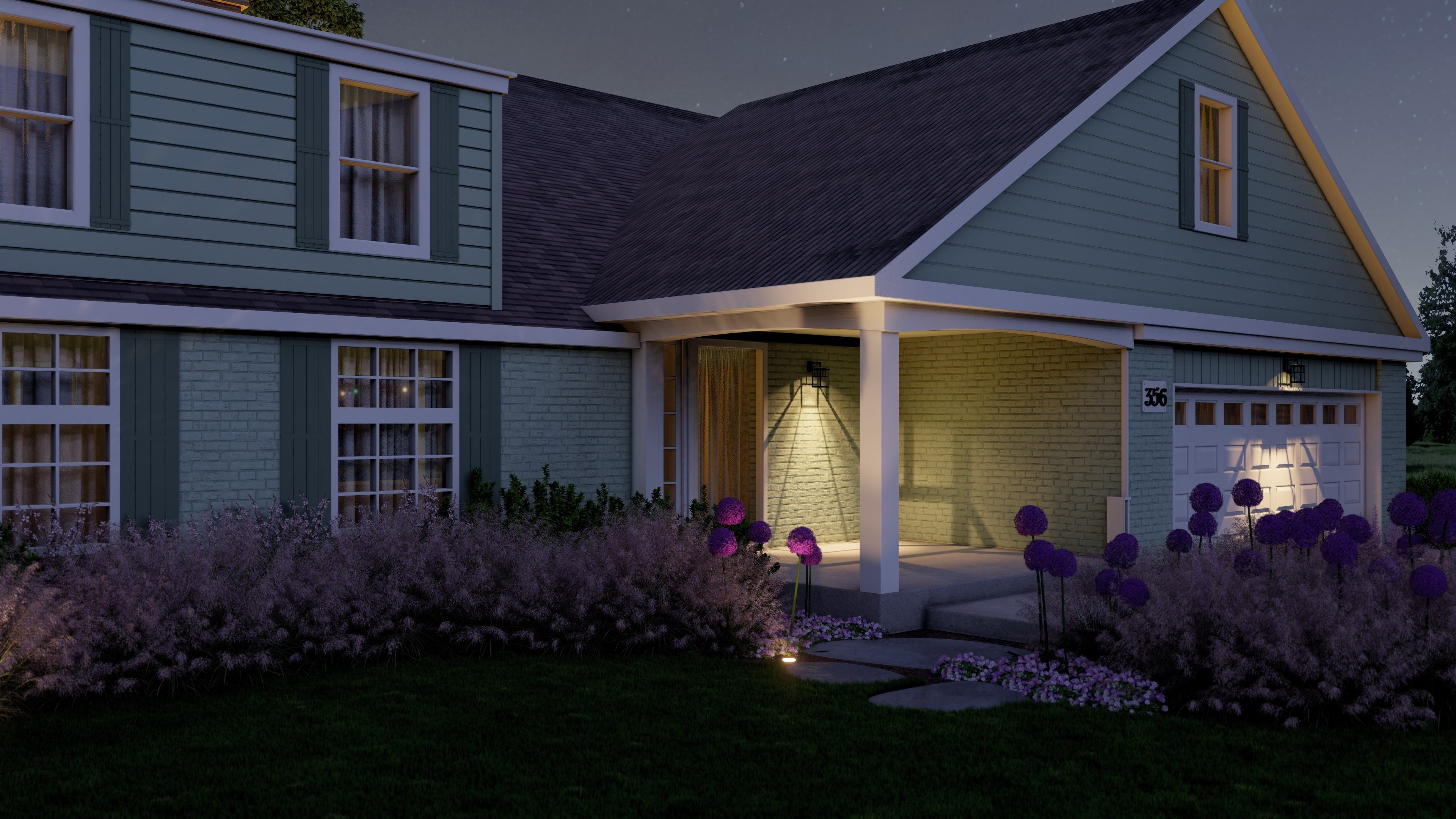 cheap simple front yard landscaping ideas, soft lighting on a front porch 
