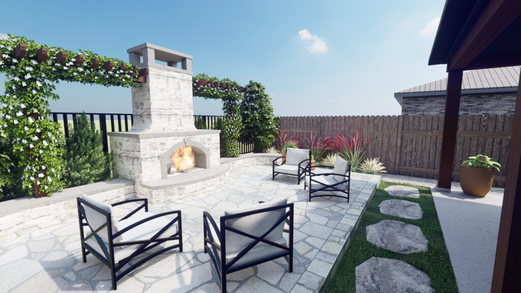 An Austin yard vision with an outdoor fireplace, seating area off a covered patio, hardscape for now mowing
