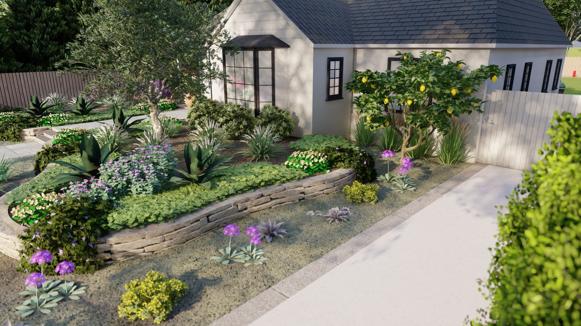 a front lawn with now grass. a garden wall surrounds the entry filled with native flowers and plants. 