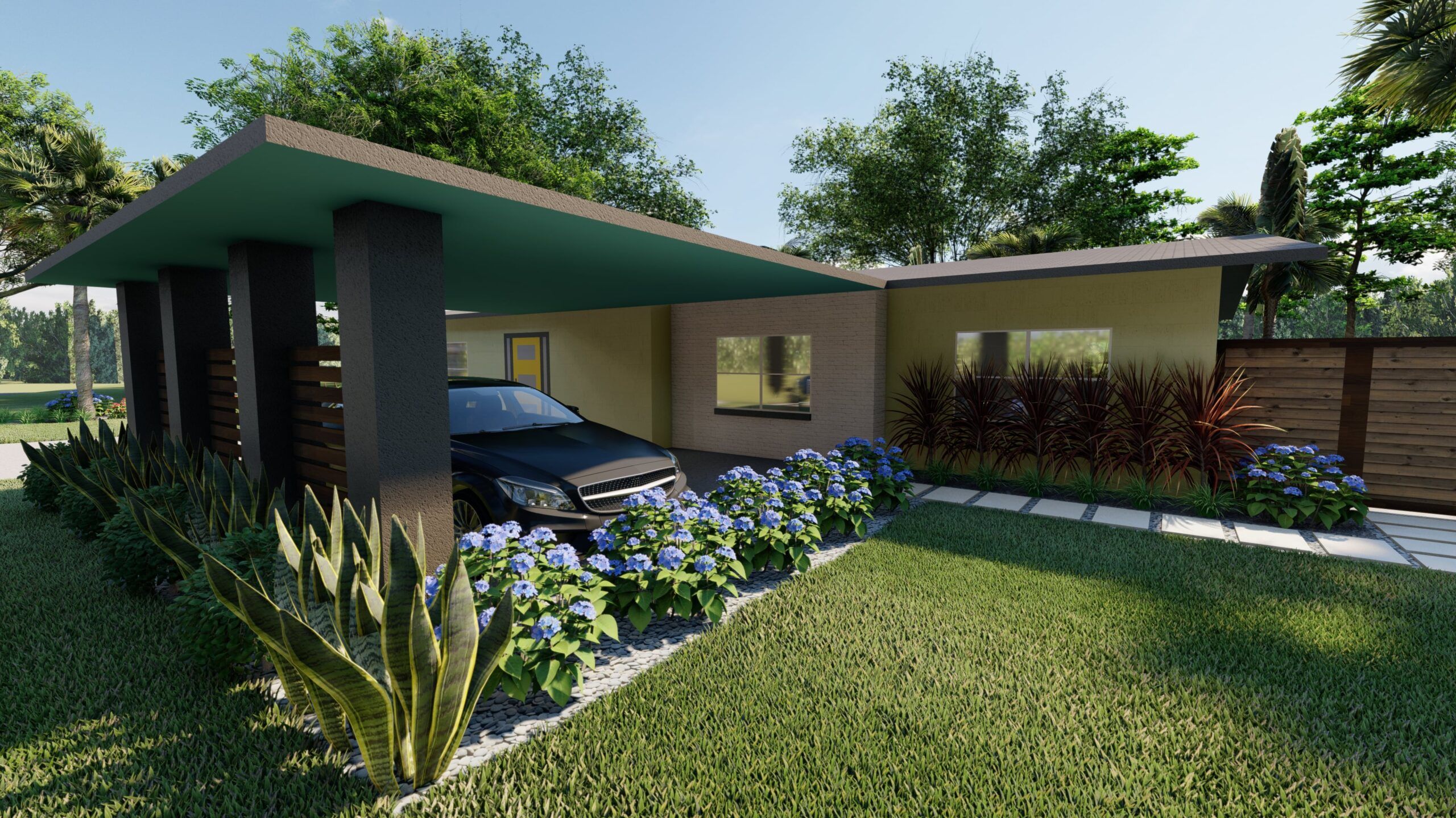 Florida front yard landscaping design for a car port with a garden and lawn around it
