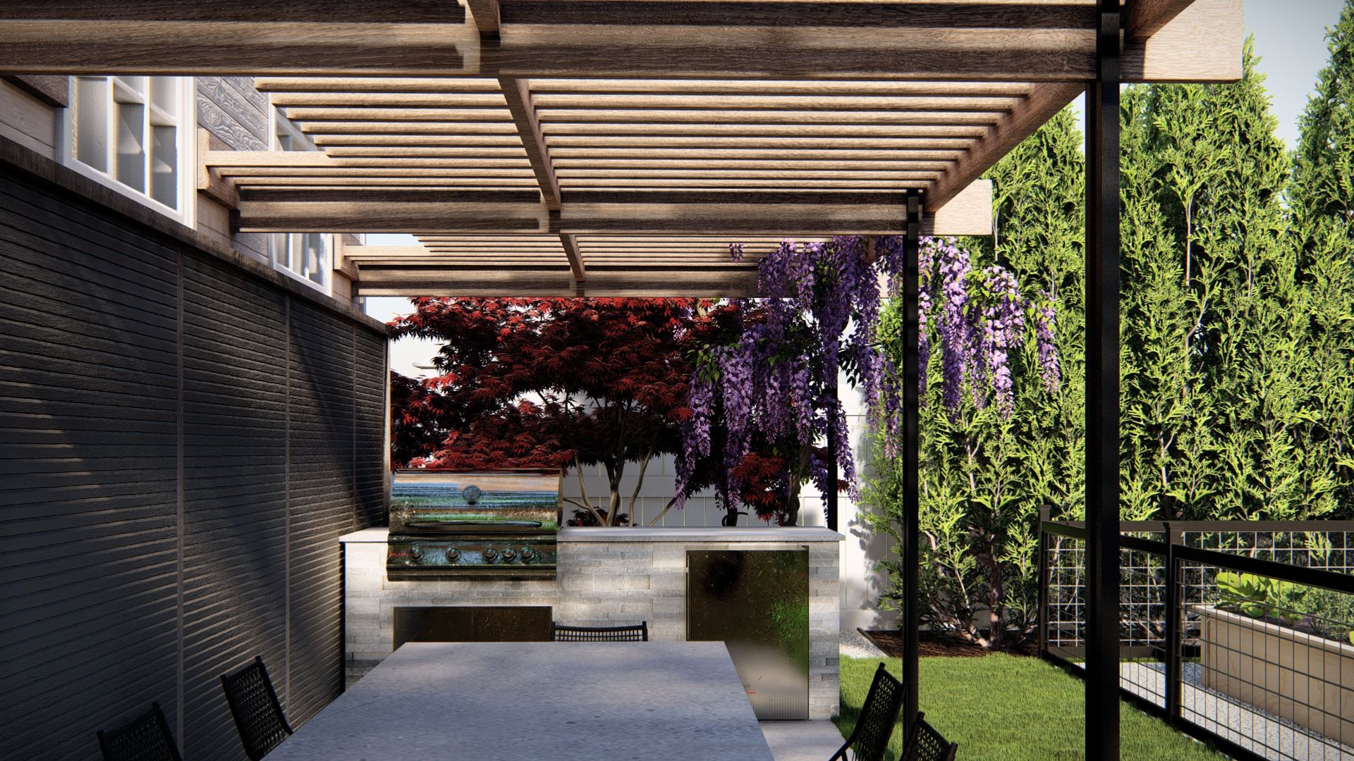 Wooden pergola with support vines attached to the home's exterior