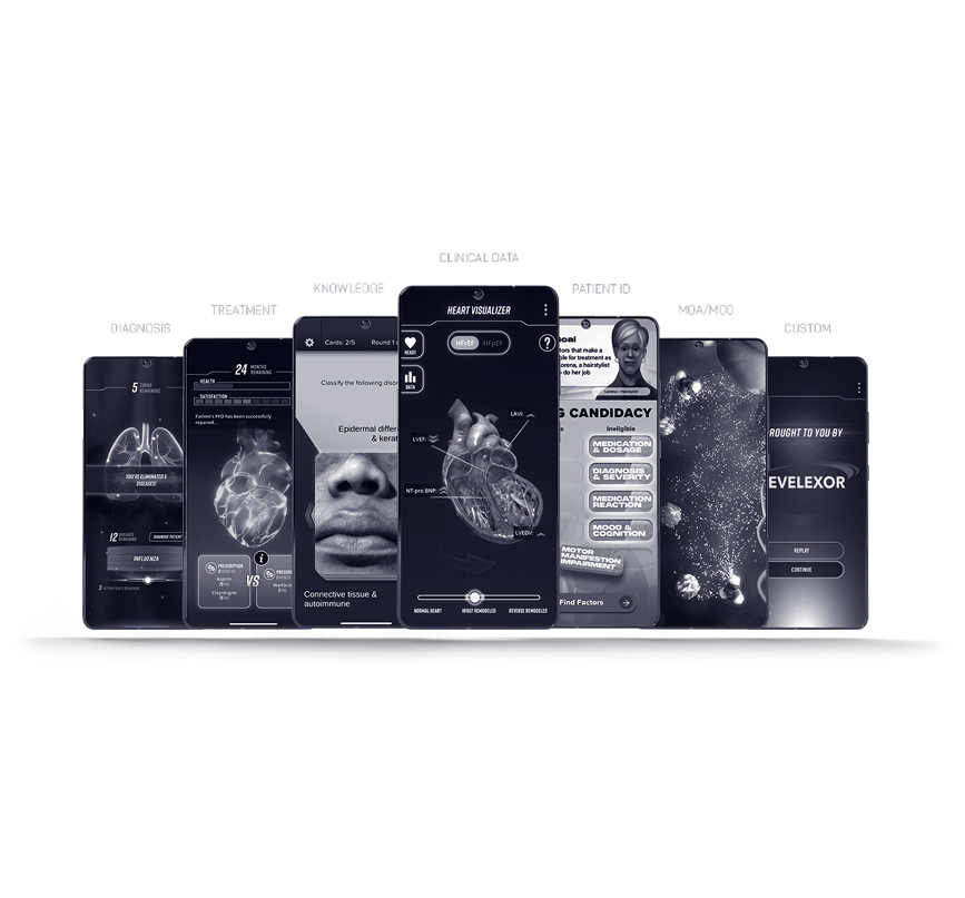 Game mechanics for medical training covering diagnosis, treatment, patient ID, and clinical data
