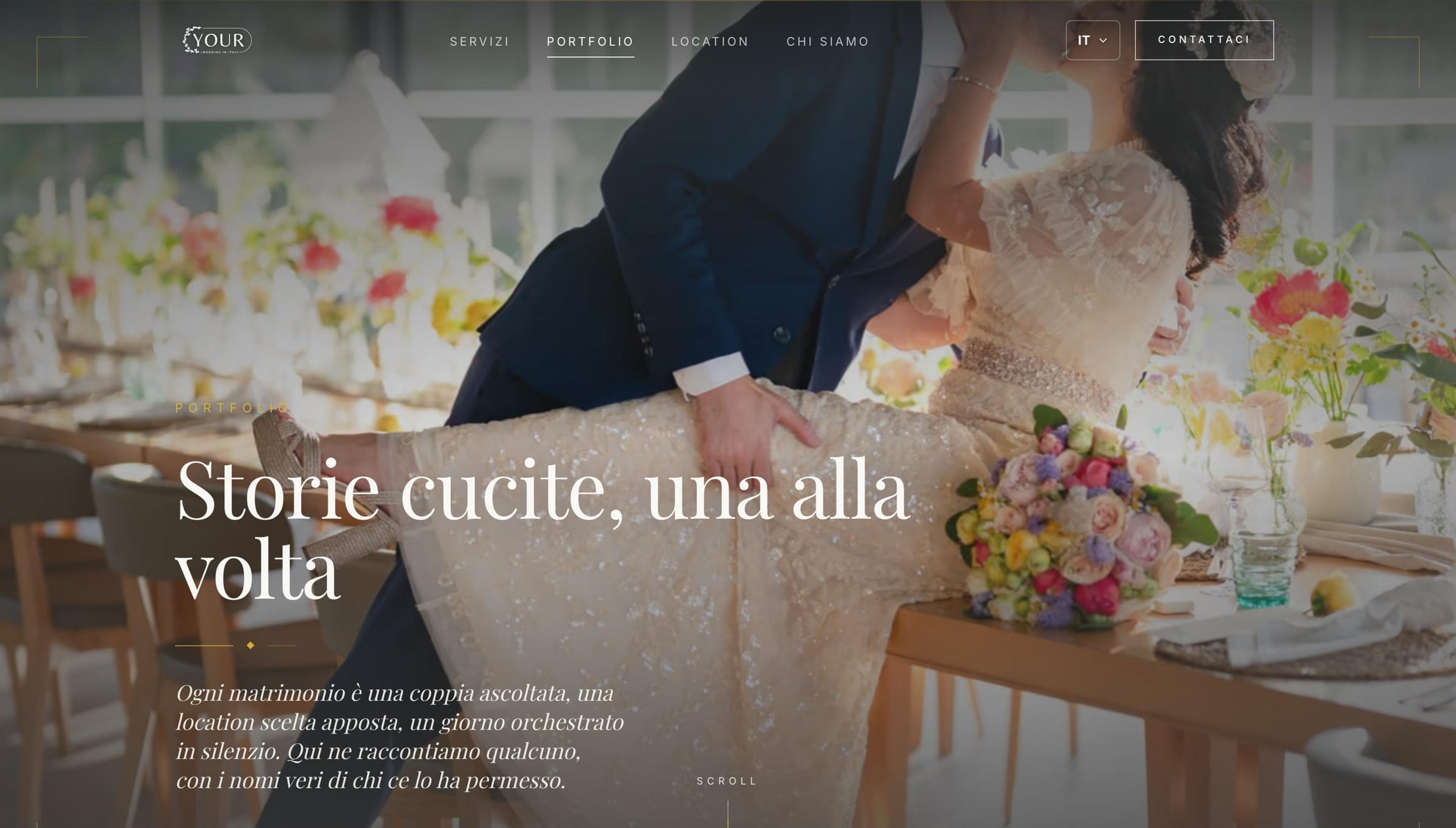 Pagina portfolio con tipografia editoriale sopra la foto di una coppia di sposi