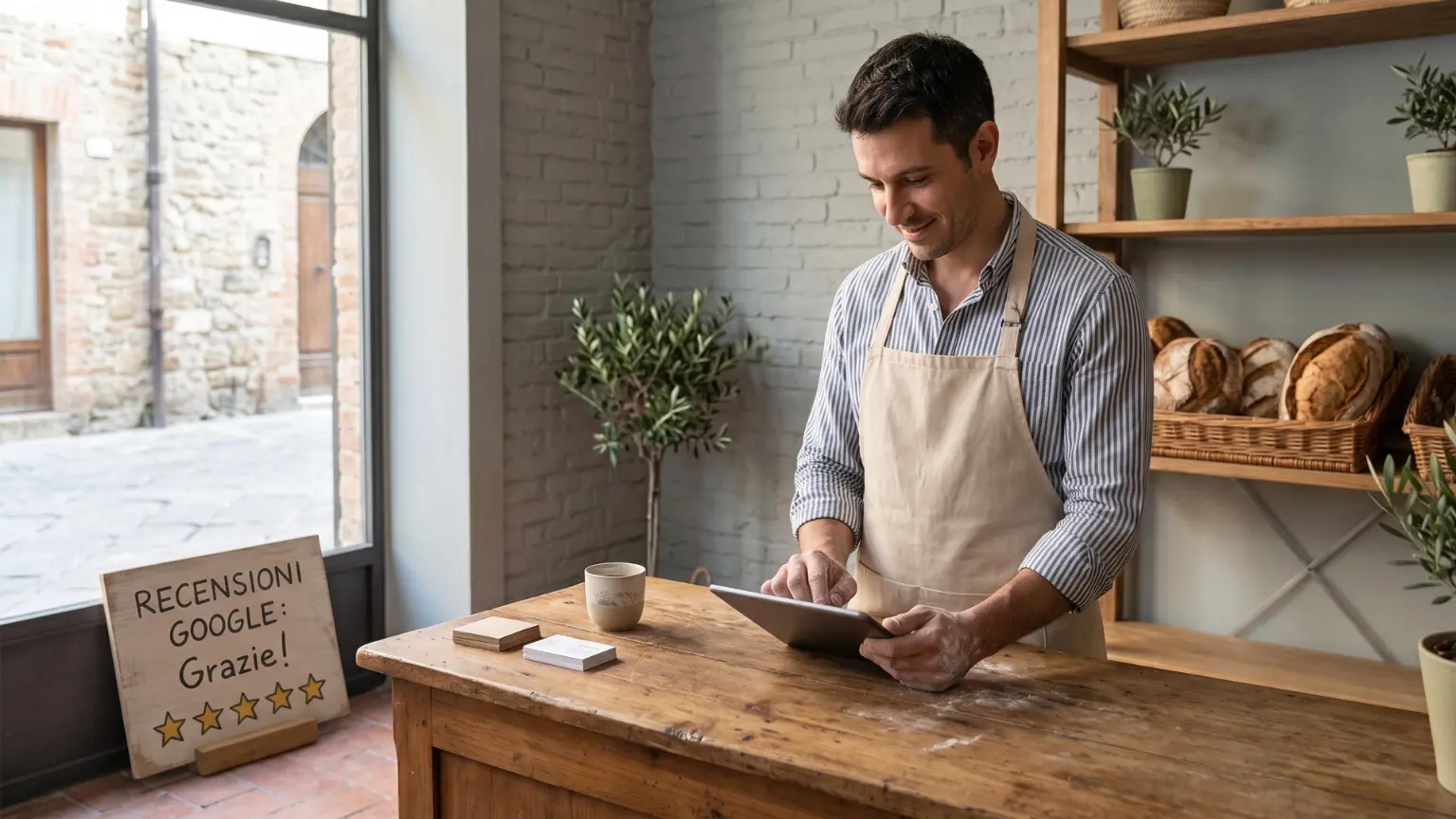 Commerciante locale che gestisce la sua attività tramite tablet, con un cartello dedicato alle recensioni Google a 5 stelle appoggiato all'ingresso del negozio.