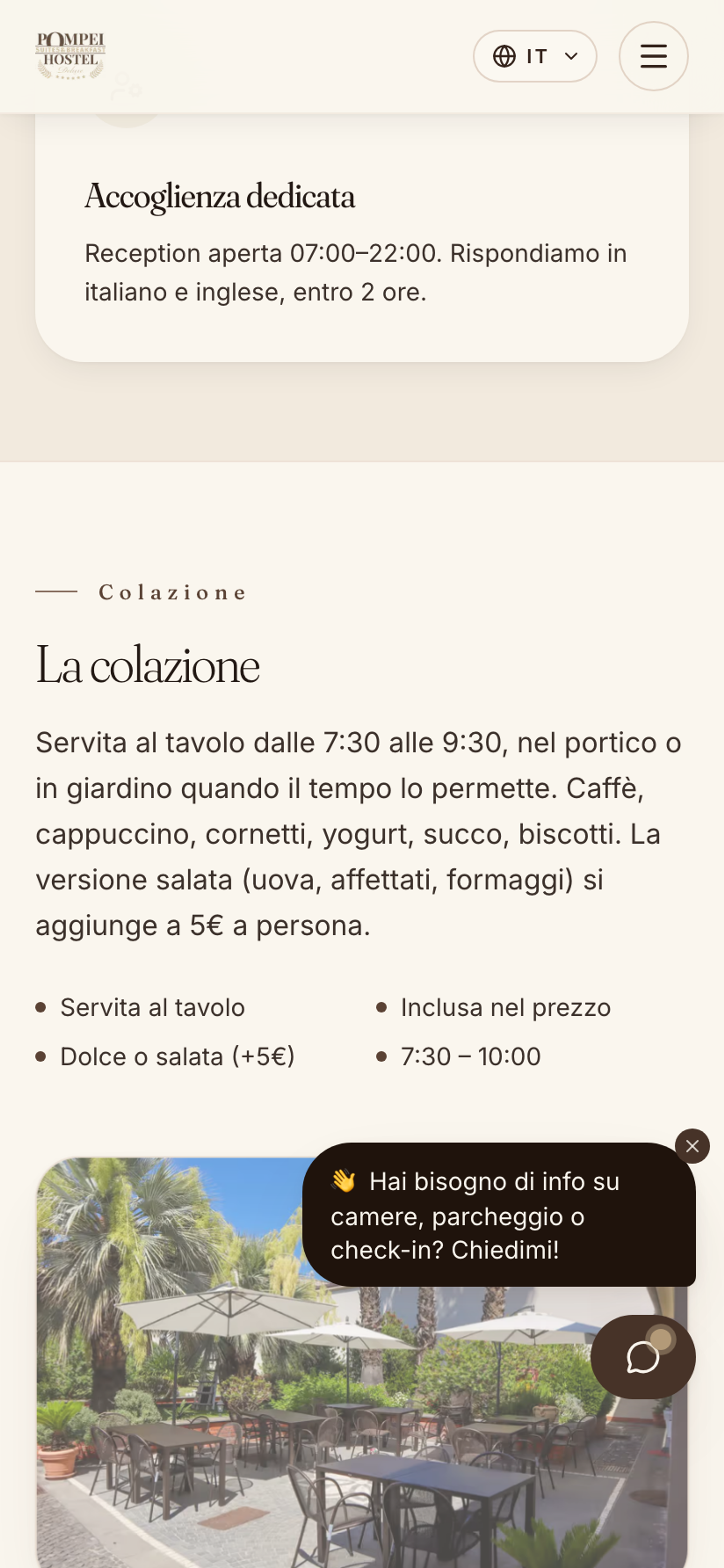 Dettaglio colazione e servizi inclusi, su mobile