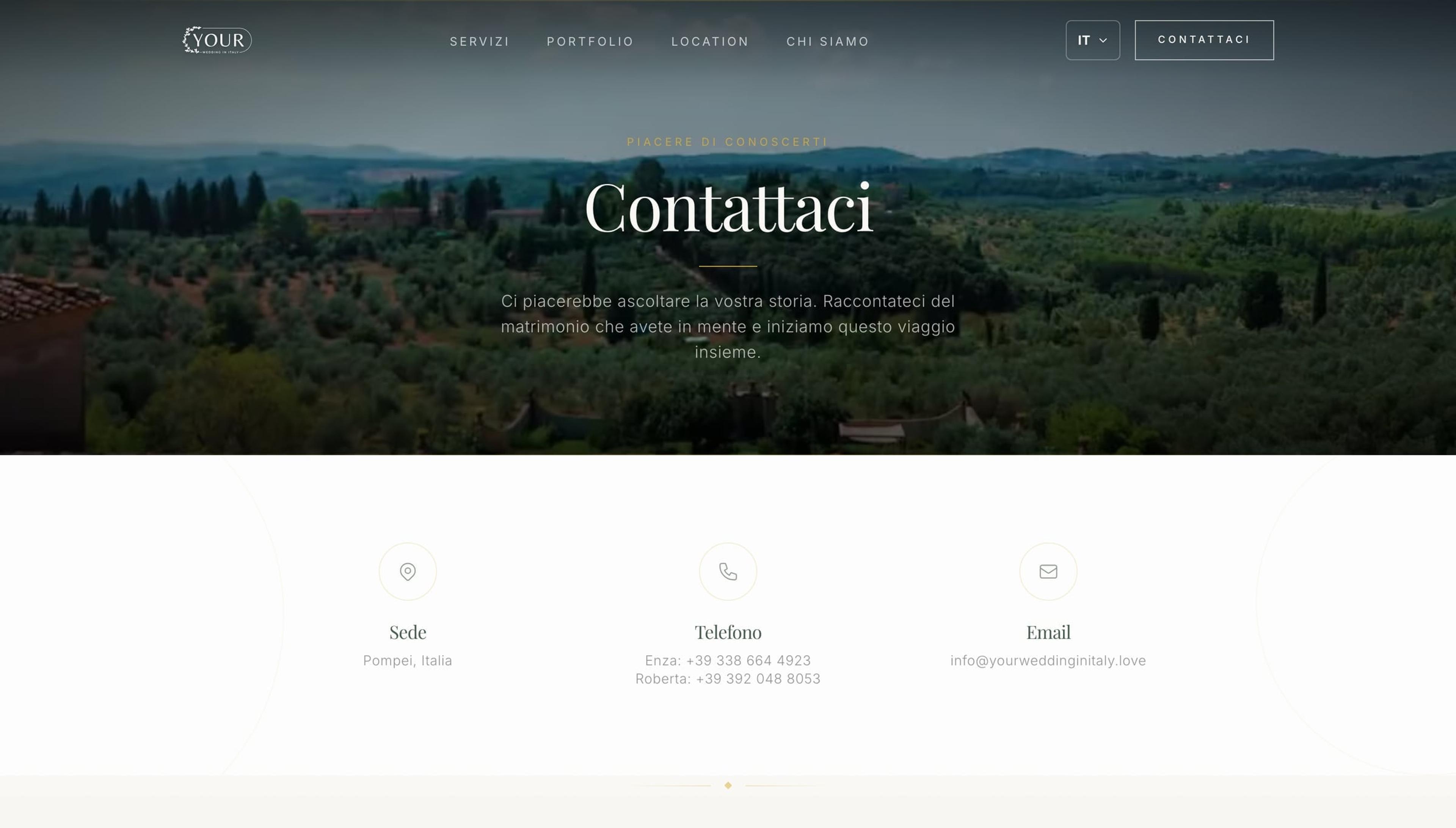 Pagina contatti con recapiti di Enza e Roberta su sfondo di campagna