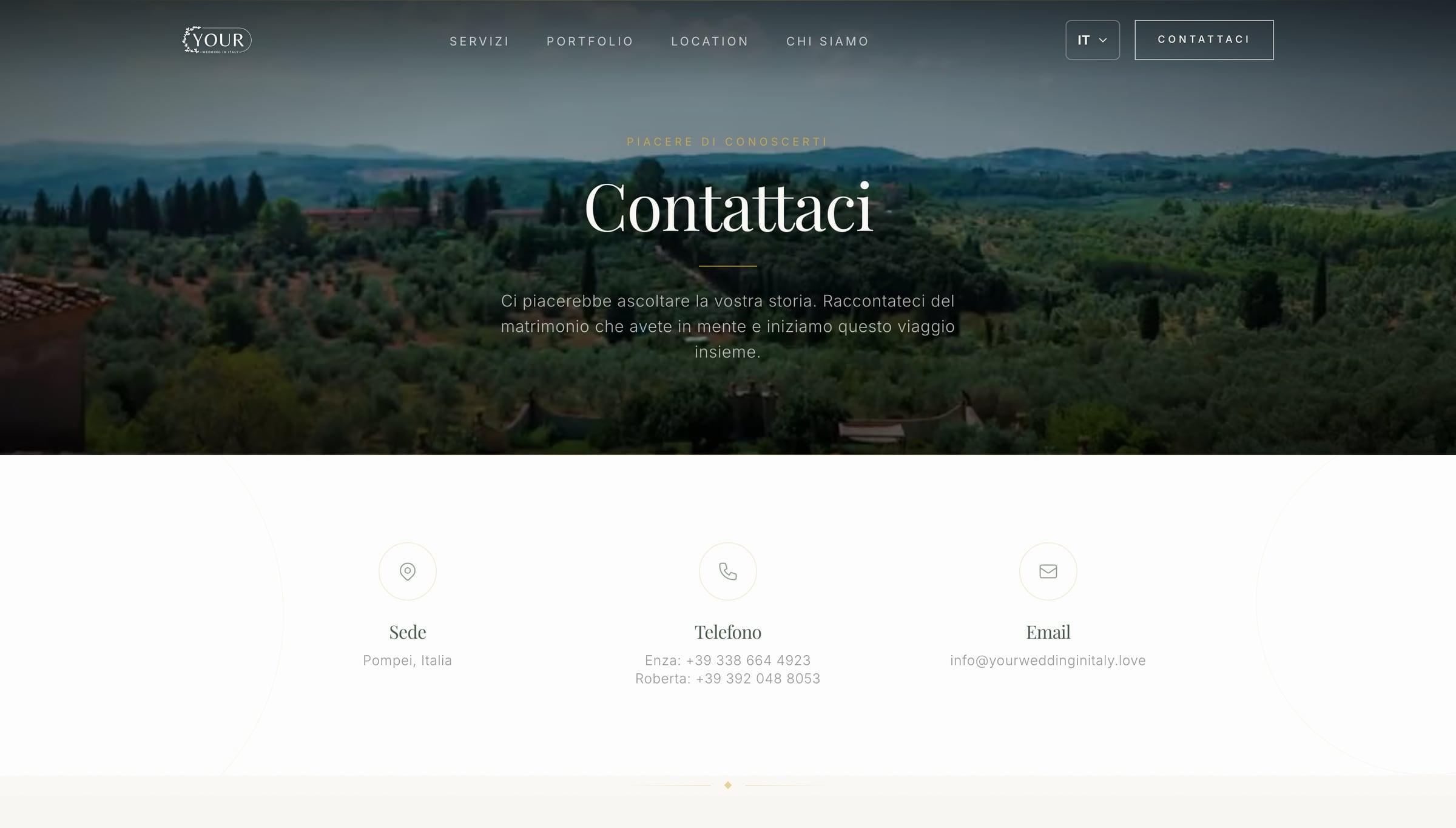Pagina contatti con recapiti di Enza e Roberta su sfondo di campagna