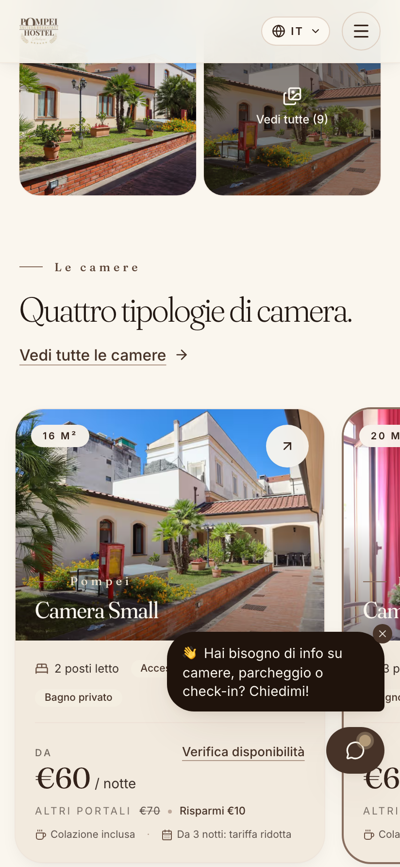 Sezione camere con prezzi e prenotazione diretta, su mobile