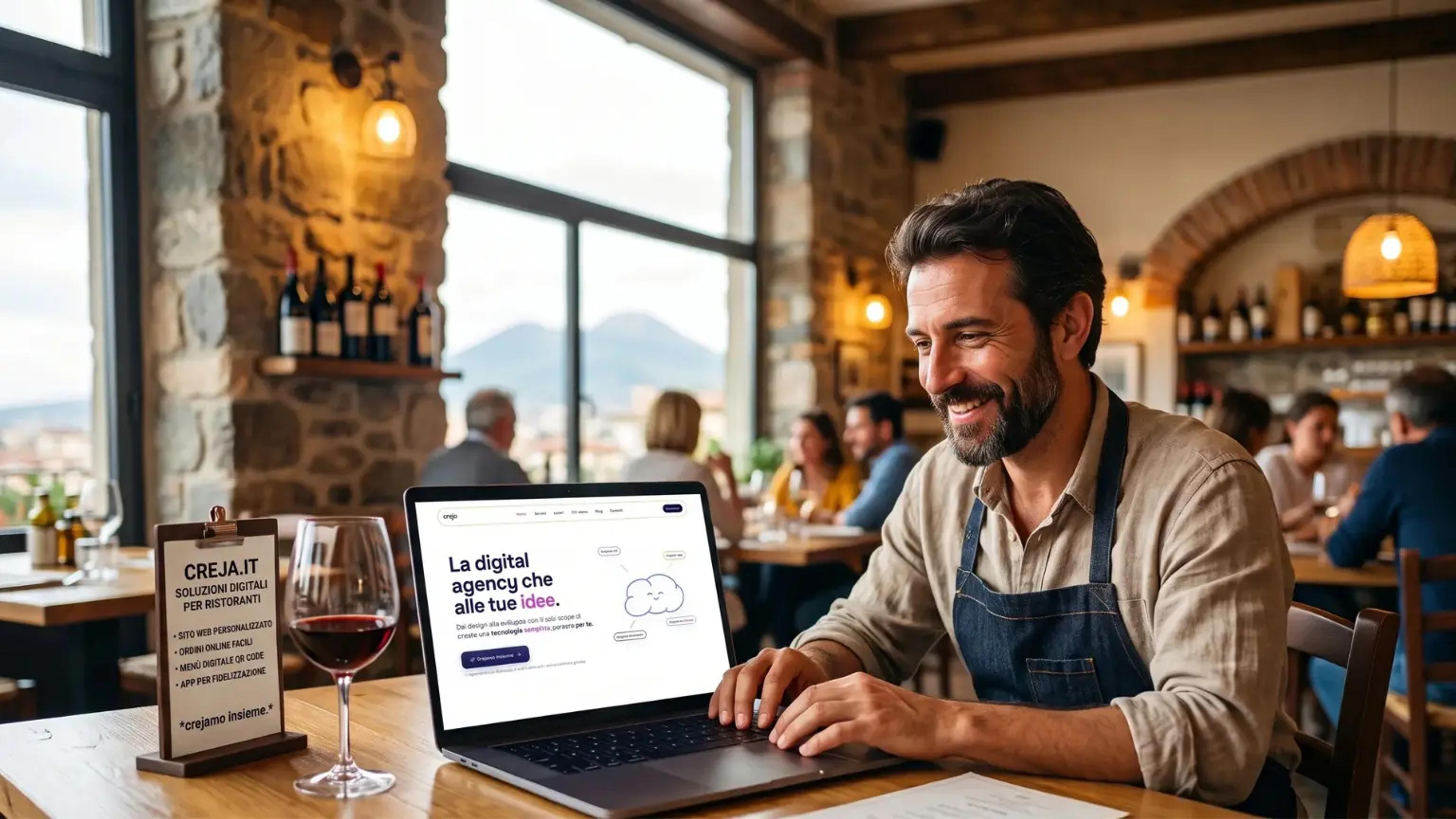 Ristoratore al tavolo del suo locale guarda il sito web del ristorante sul portatile, col Vesuvio sullo sfondo