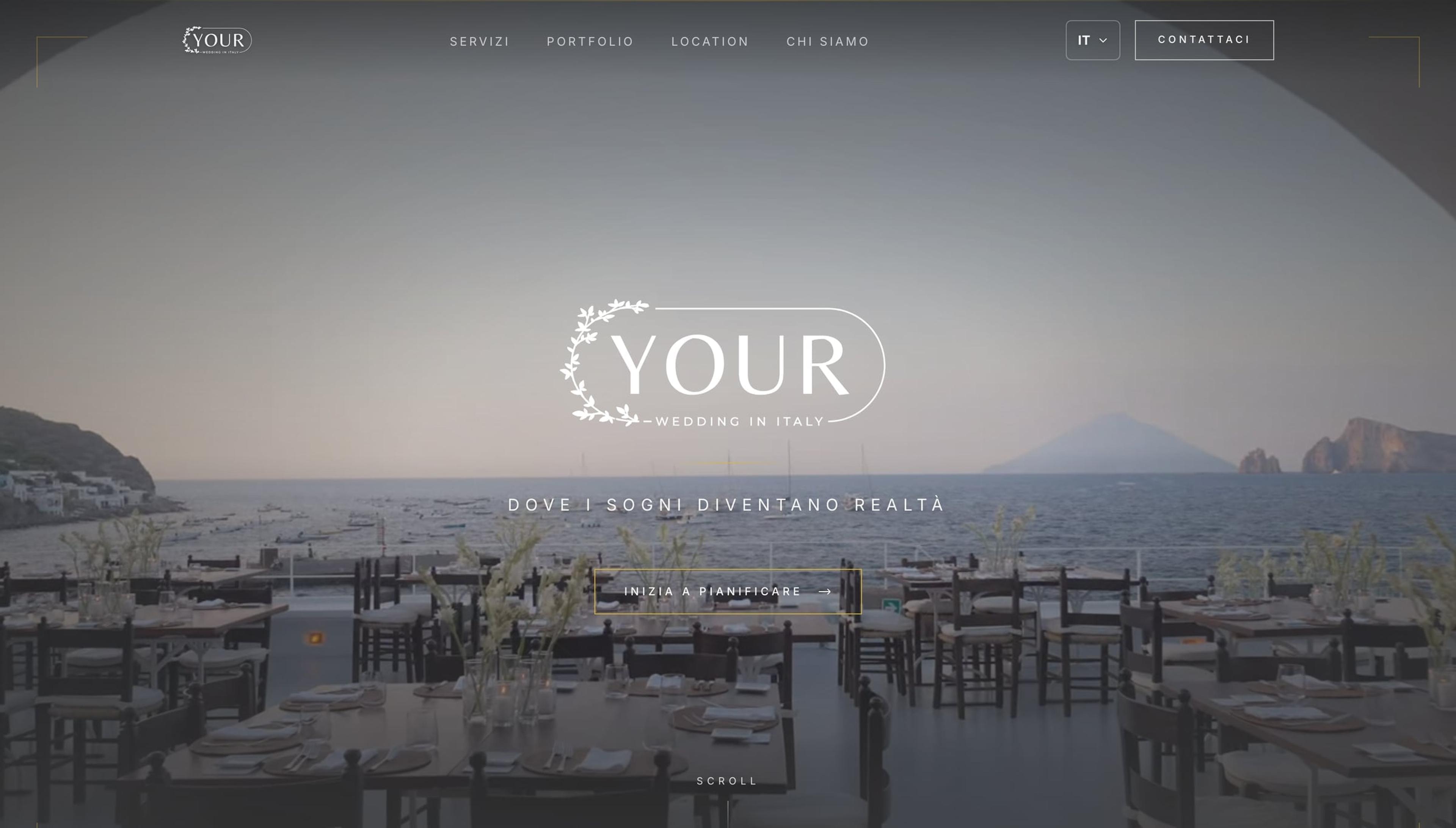 Homepage di Your Wedding in Italy con hero cinematografico e menu multilingua